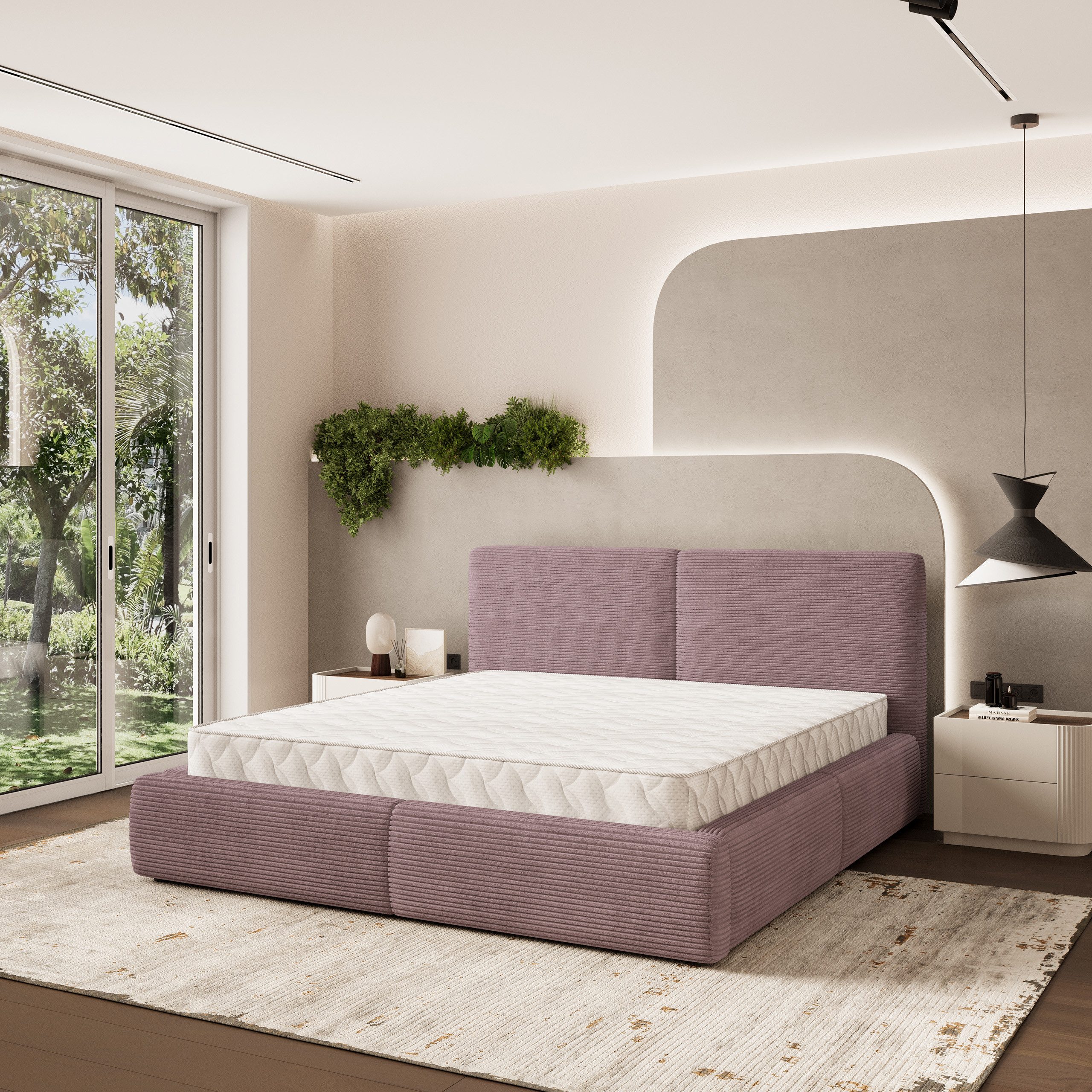 Masseno Polsterbett FELURO 120x200 cm lila (mit Bettkasten und Lattenrost)