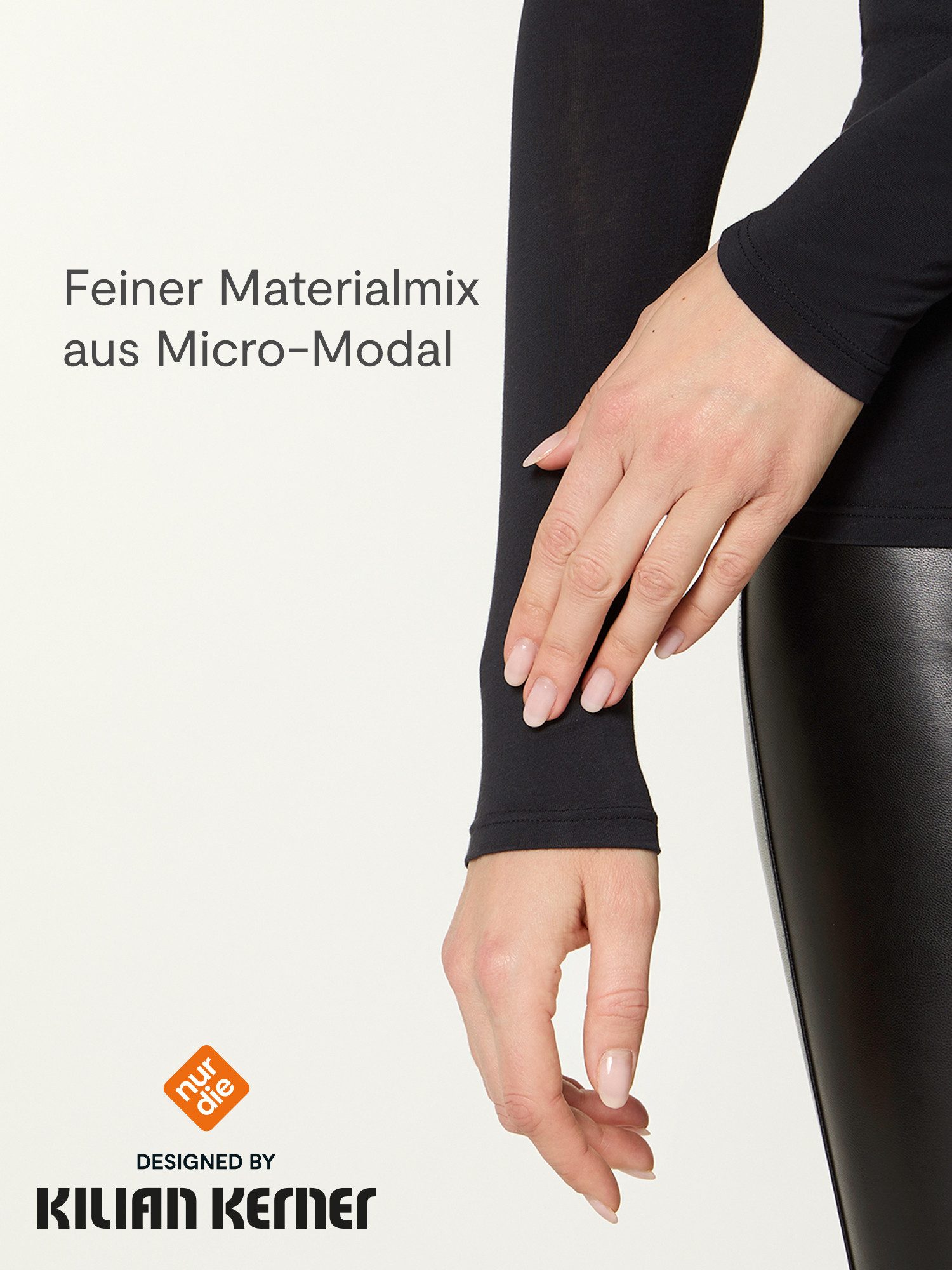 Nur Die Longsleeve NUR DIE X KILIAN KERNER Damen Langarmshirt Micromodal Glitzerabschluss weiche, atmungsaktive Fasern - Glitzer-Effekt am Ausschnitt