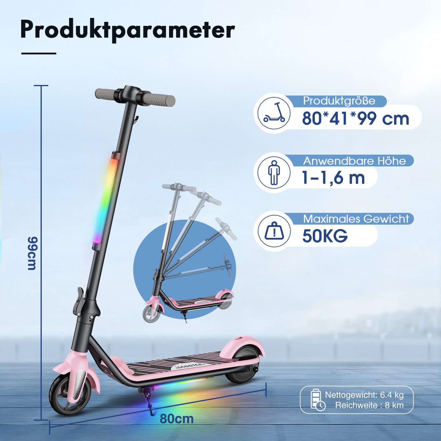 ANYSUN Elektro-Kinderroller Kinder faltbarer E-Scooter mit LED-Beleuchtung, farbenfrohen Lichtern, bis zu 8 km Reichweite, 6/12 KM/H, LED Display, Belastung bis 50kg
