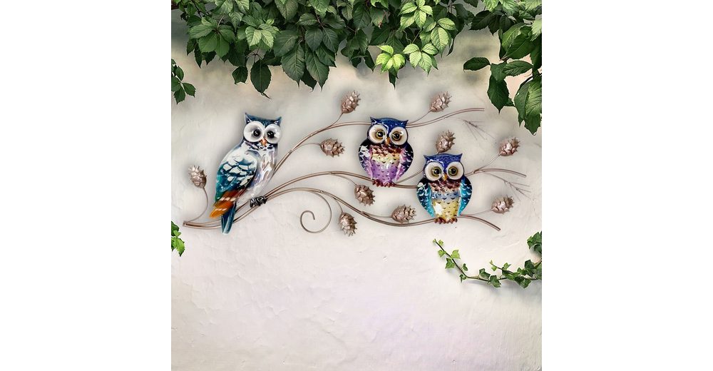 Bild, Wandbild Eulen auf Zweig Eisen Wanddekoration bunt Außen