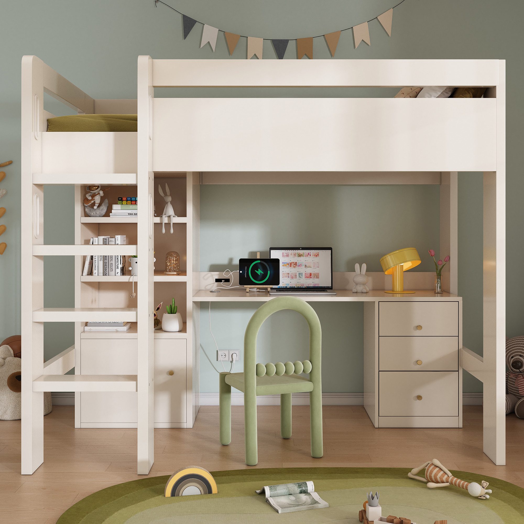 Ulife Hochbett Kinderbtt mit USB-C Schreibtisch, Kleiderschrank und Aktenschrank Jugendbett Einzelbett mit Treppe und Lattenrost, 90x200cm – Bild 5 von 5