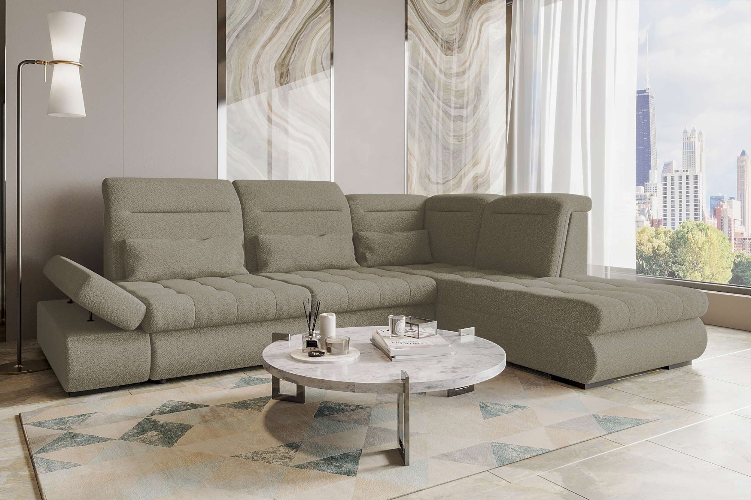 99rooms Ecksofa Toscana, Sofa L-Form, Eckcouch, Bettfunktion, Rundumbezug aus gepolstertem Strukturstoff NEVE