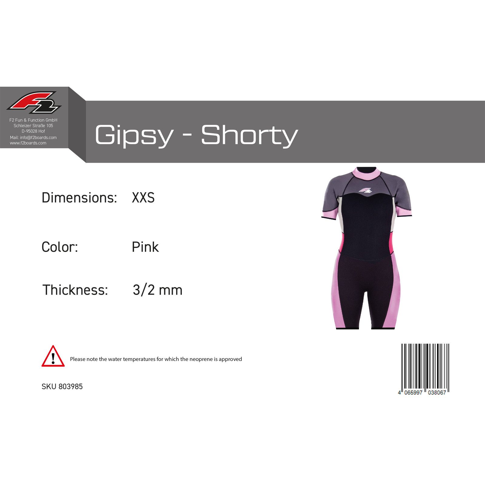 F2 Neoprenanzug F2 Damen Neopren Anzug Gipsy - Shorty 3/2 mm XXS Pink 2024/25