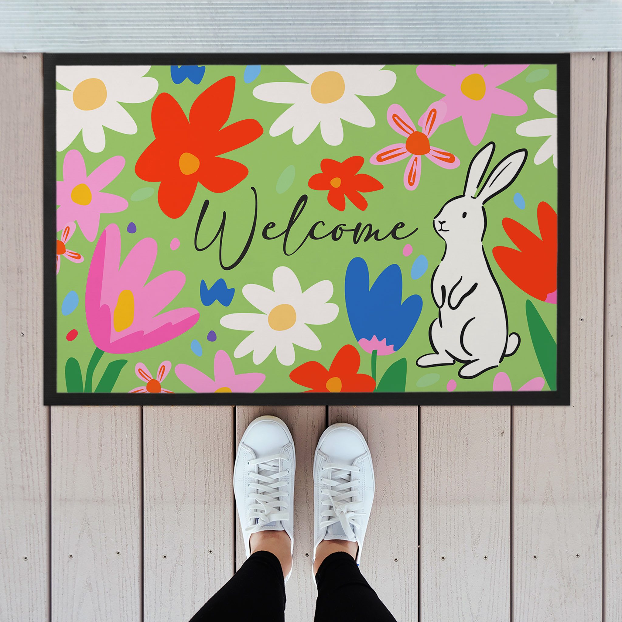 Herz & Heim Fußmatte zu Frühling & Ostern - Bunte Türmatte mit Blumen & Hase als Dekoration, Rechteckig, rutschfeste Unterseite, 2 Größen zur Auswahl