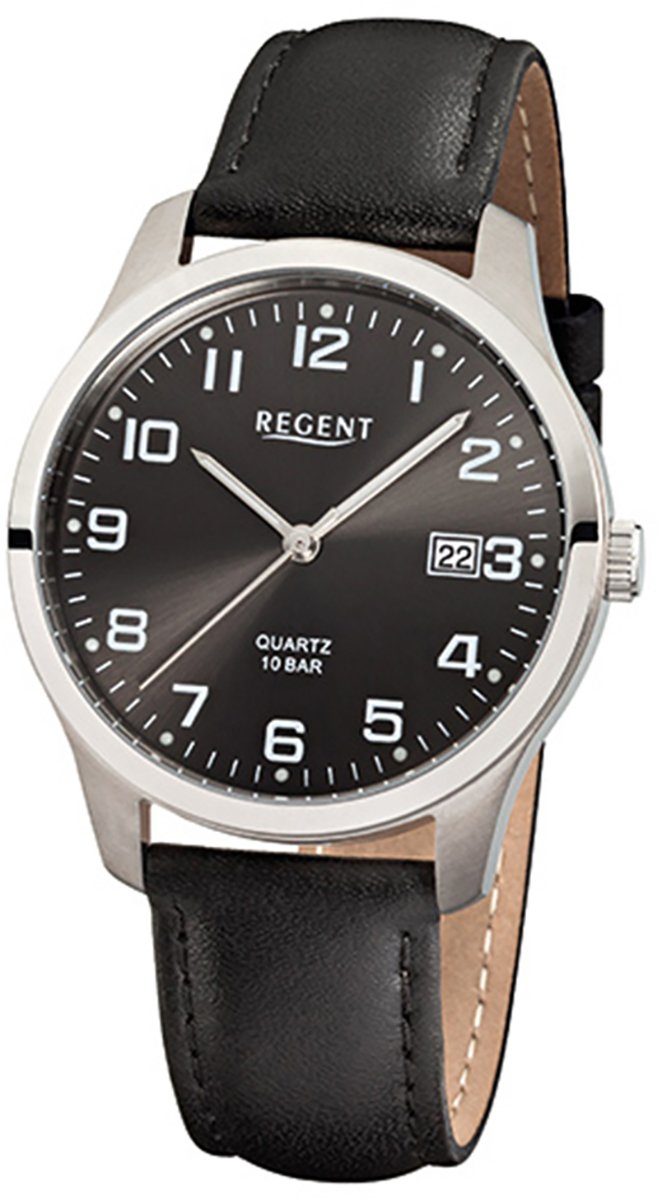 Regent Quarzuhr Herren Armbanduhr mittel Analog, (ca. Lederarmband 37mm), rund, schwarz Herren-Armbanduhr Regent