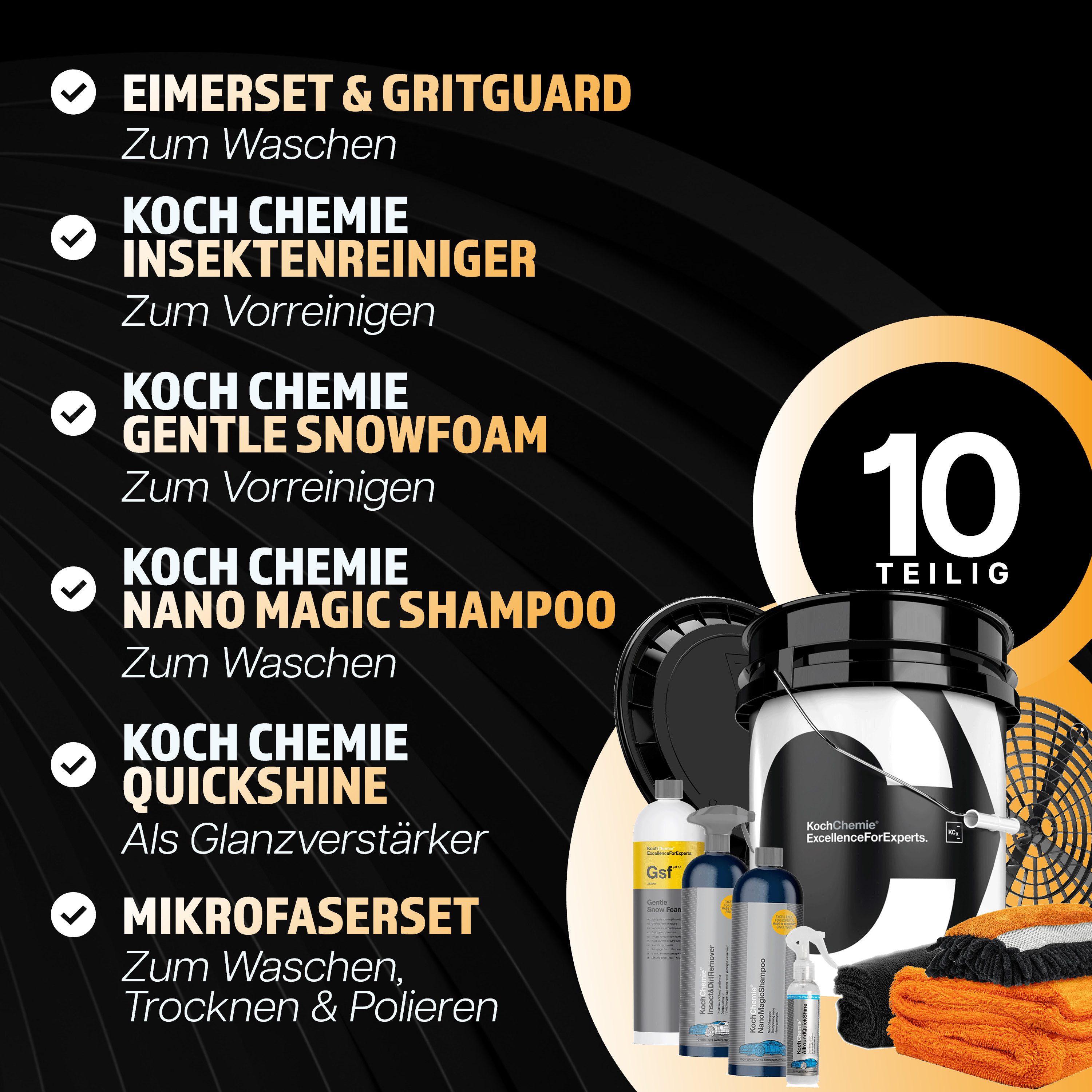 detailmate Reinigungs-Set Koch Chemie Auto Wascheimer Reinigungs-Set, (Set, 10-St., Auto Wasch- und Reinigungsset), Auto Außenreinigungsset, NanoMagicShampoo, InsectDirtRemover, GSF