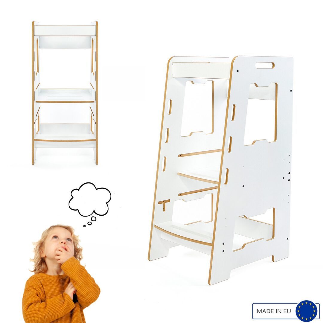 Stehhilfe Montessori Lernturm Holz, Verstellbarer für Kinder von 2-6 Jahren,Weiß