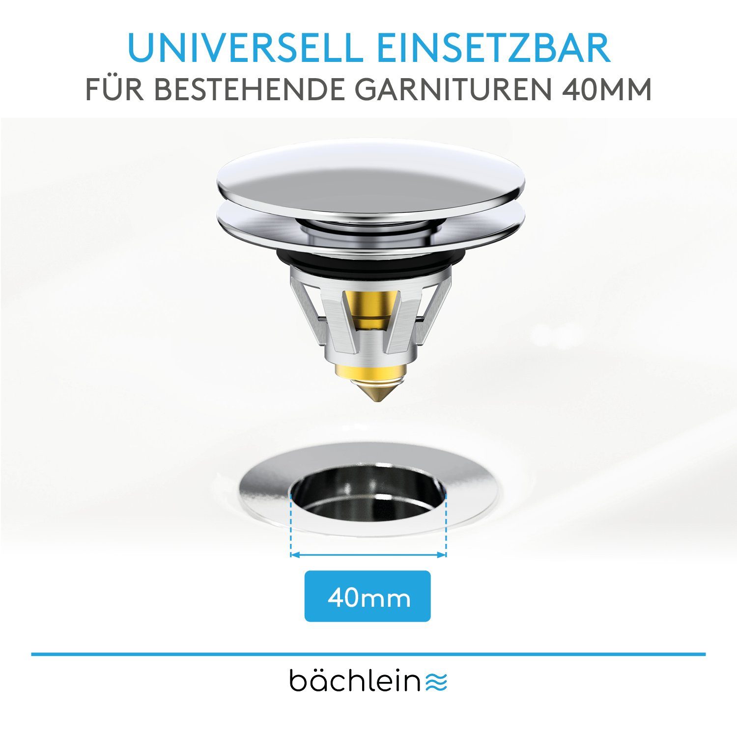 Bächlein Waschbeckenstöpsel Pop-Up Waschbeckenstopfen, (Chrom), Stöpsel mit integriertem Haarsieb für Abläufe Ø 40 mm – Bild 4 von 5