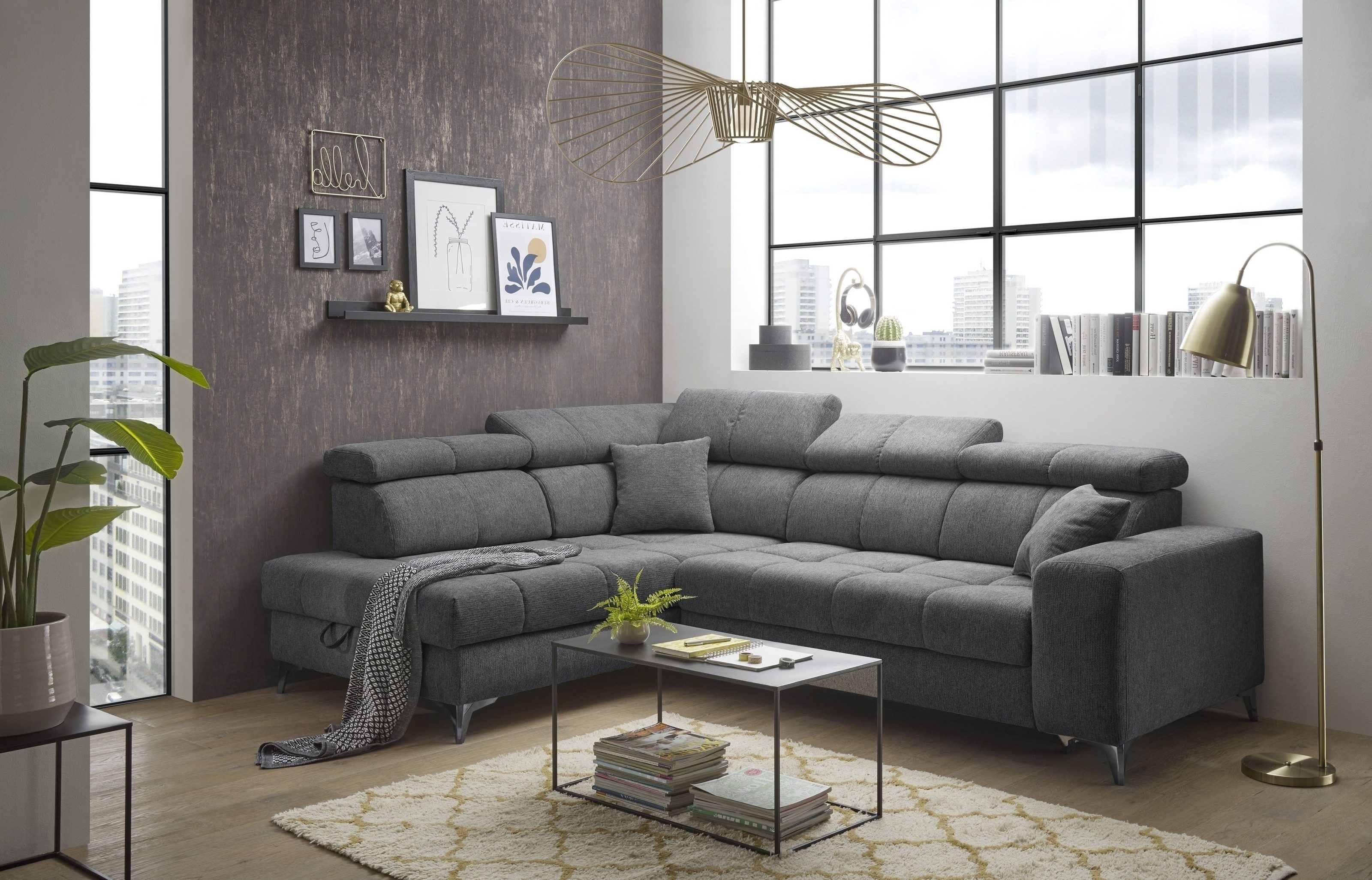 Black Red White Ecksofa Sitztiefenverstellung, 5 Kopfstützen, anthrazit - 268x105x172 (BxHxT)