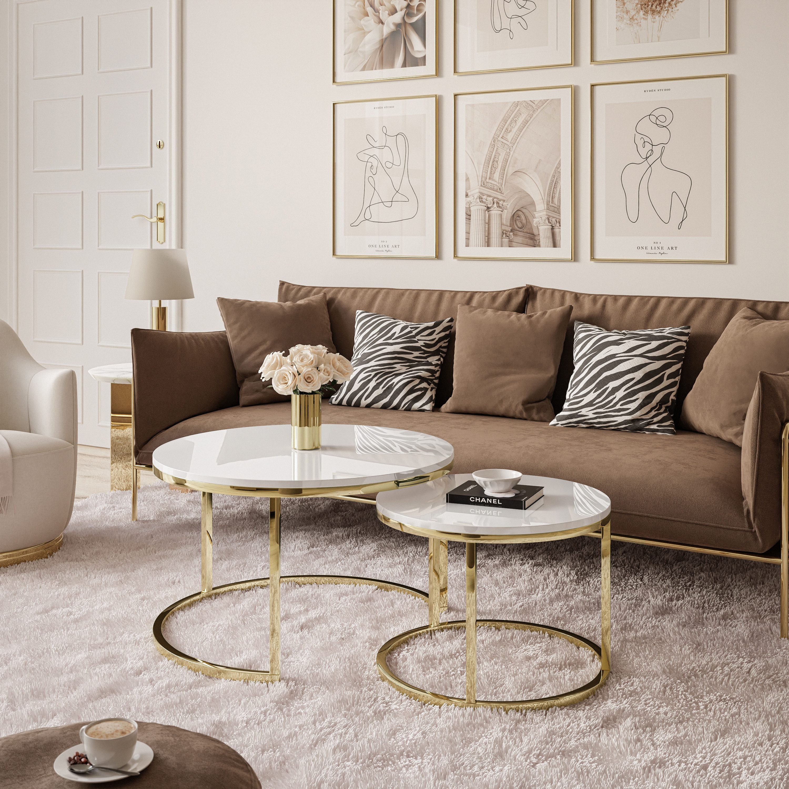 Lookway Couchtisch CIRI 2in1 Hochglanz mit Gold Chrom Gestell (2er Set), Du günstig online kaufen