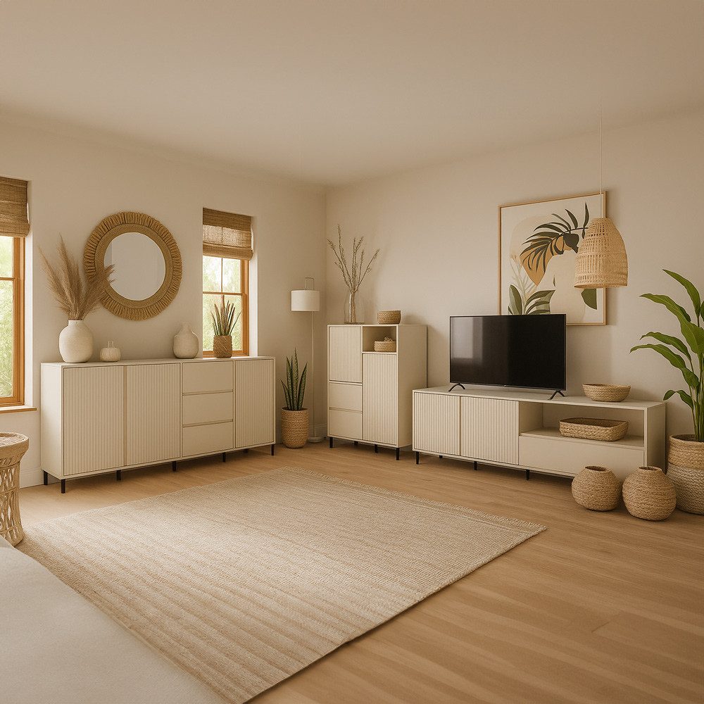 Lomadox Wohnzimmer-Set AMELIA-129, (Mega-Spar-Set, 3-St., Highboard Lowboard Sideboard), Sideboard Highboard Lowboard Kaschmir Rillen