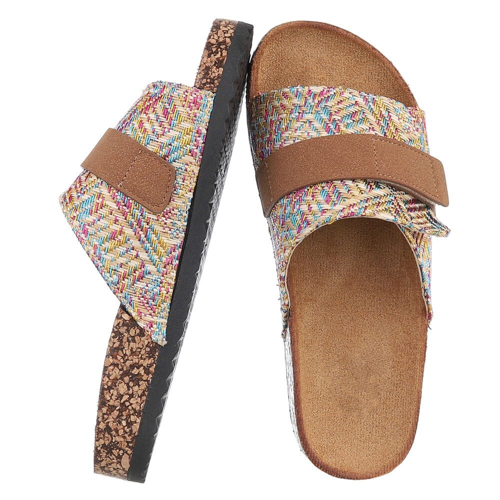 Ital-Design Bequeme Damenschuhe mit Klettverschluss für die Freizeit Pantolette (89852801) Flach Pantoletten in Beige
