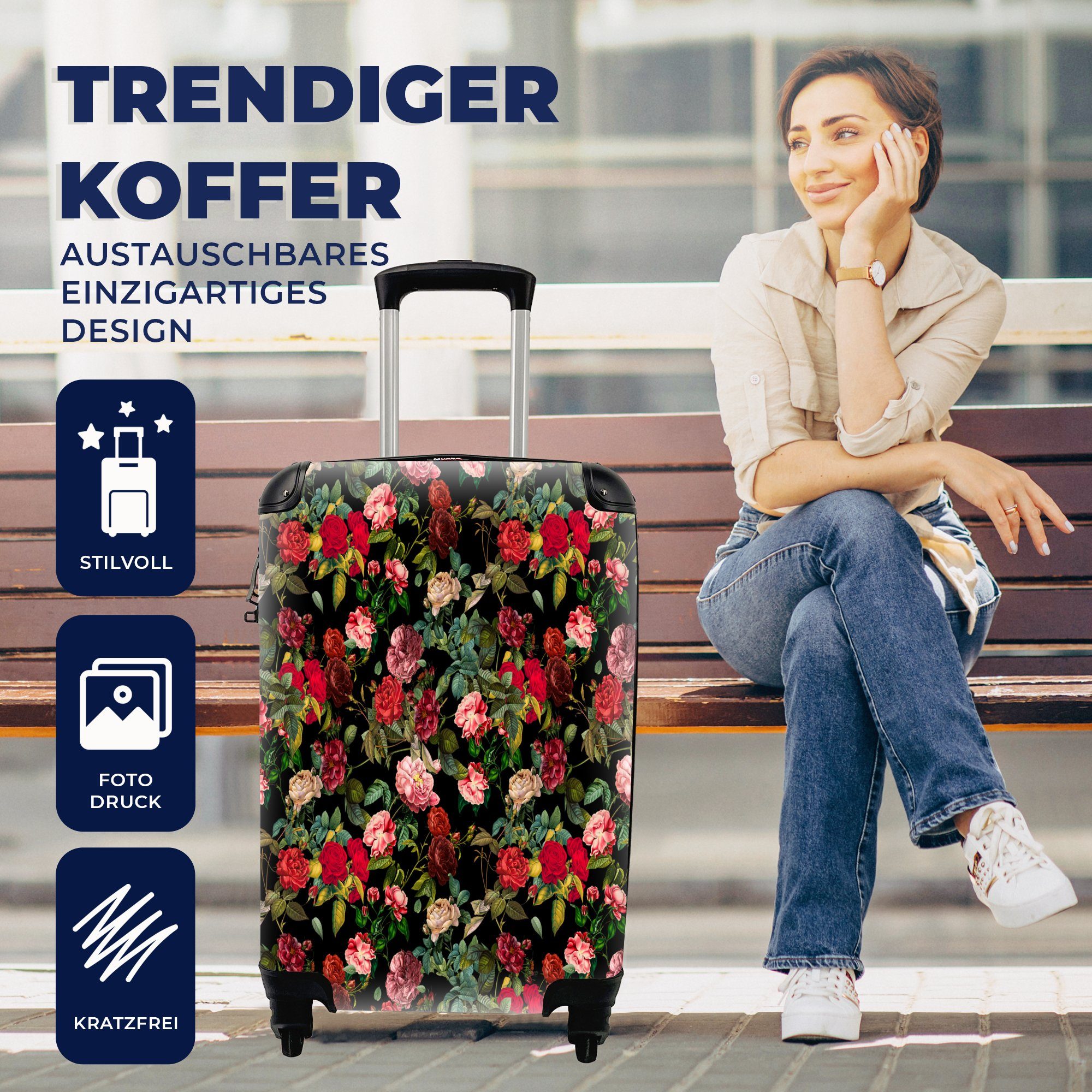 für mit Reisetasche Trolley, - 4 Ferien, Reisekoffer Rosen, - Vintage Rollen, Handgepäck Handgepäckkoffer MuchoWow Blumen rollen,