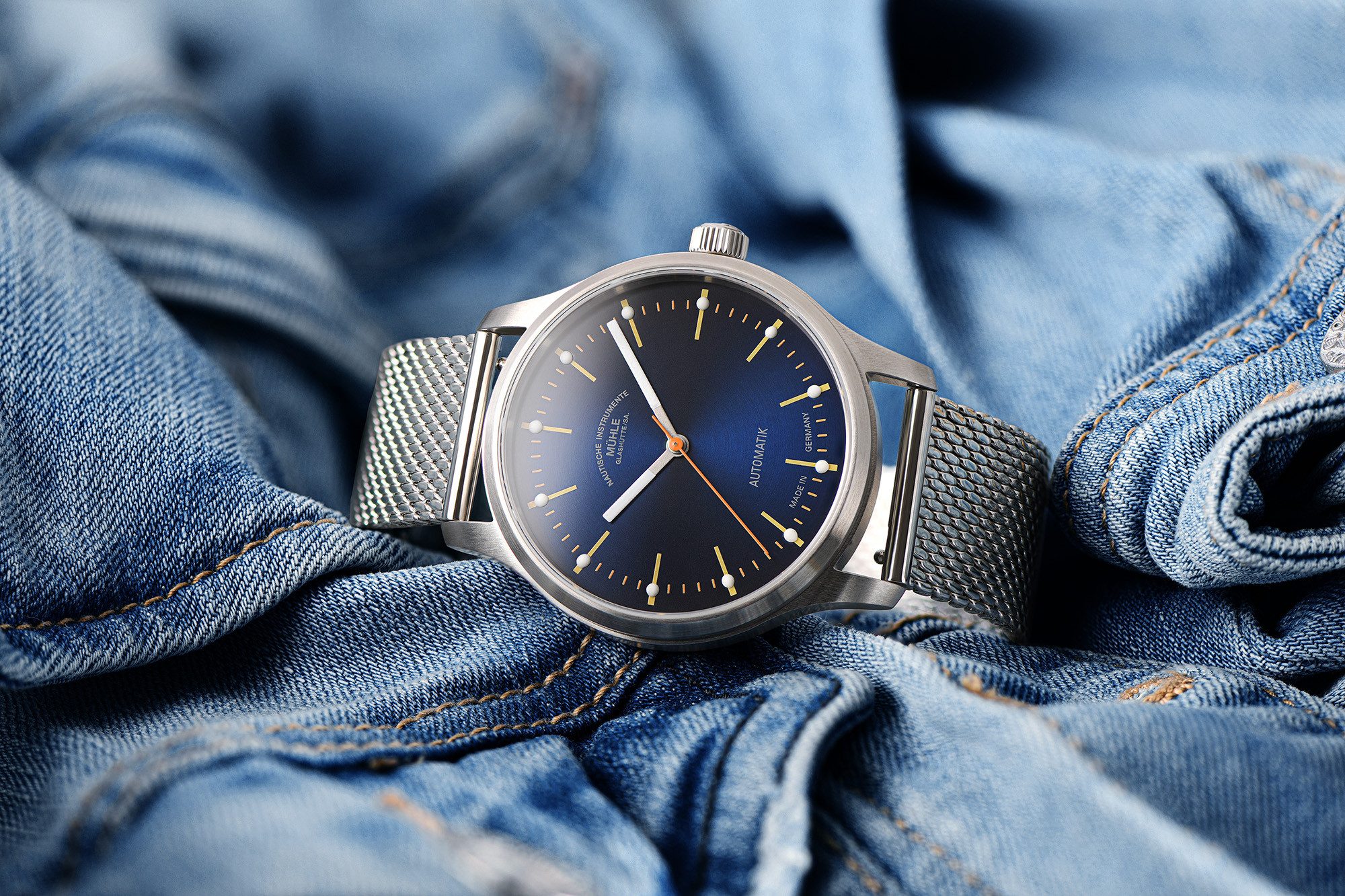 Nautische Instrumente Mühle Glashütte/Sa. Automatikuhr Herrenuhr Mühle Glashütte Panova Blau mit Edelstahlarmband