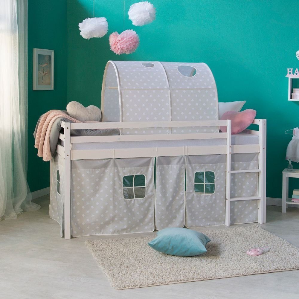 Homestyle4u Hochbett 90x200 mit Vorhang und Tunnel in Weiß Sterne 1889 günstig online kaufen