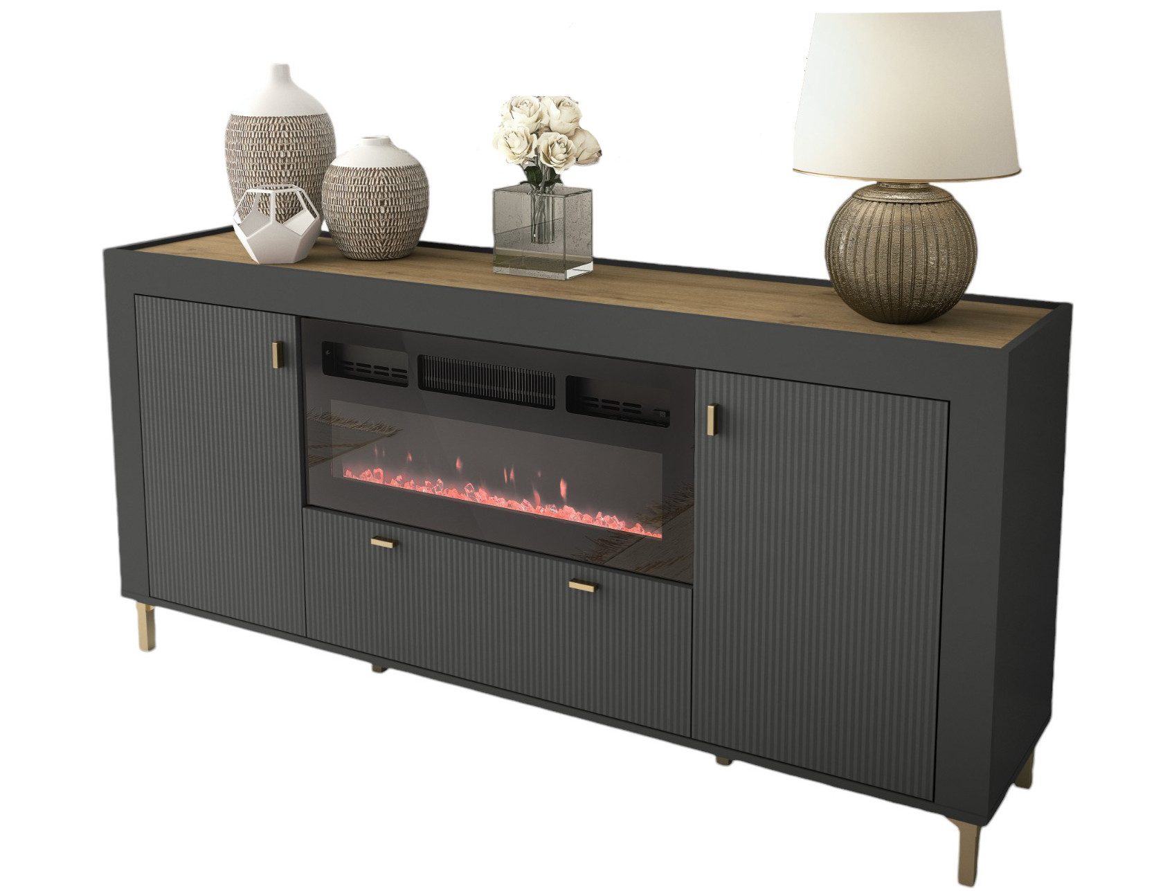 Compleo Kommode gerillte Kommode mit elektrischem Kamin TRENDS, Modern Wohnzimmer