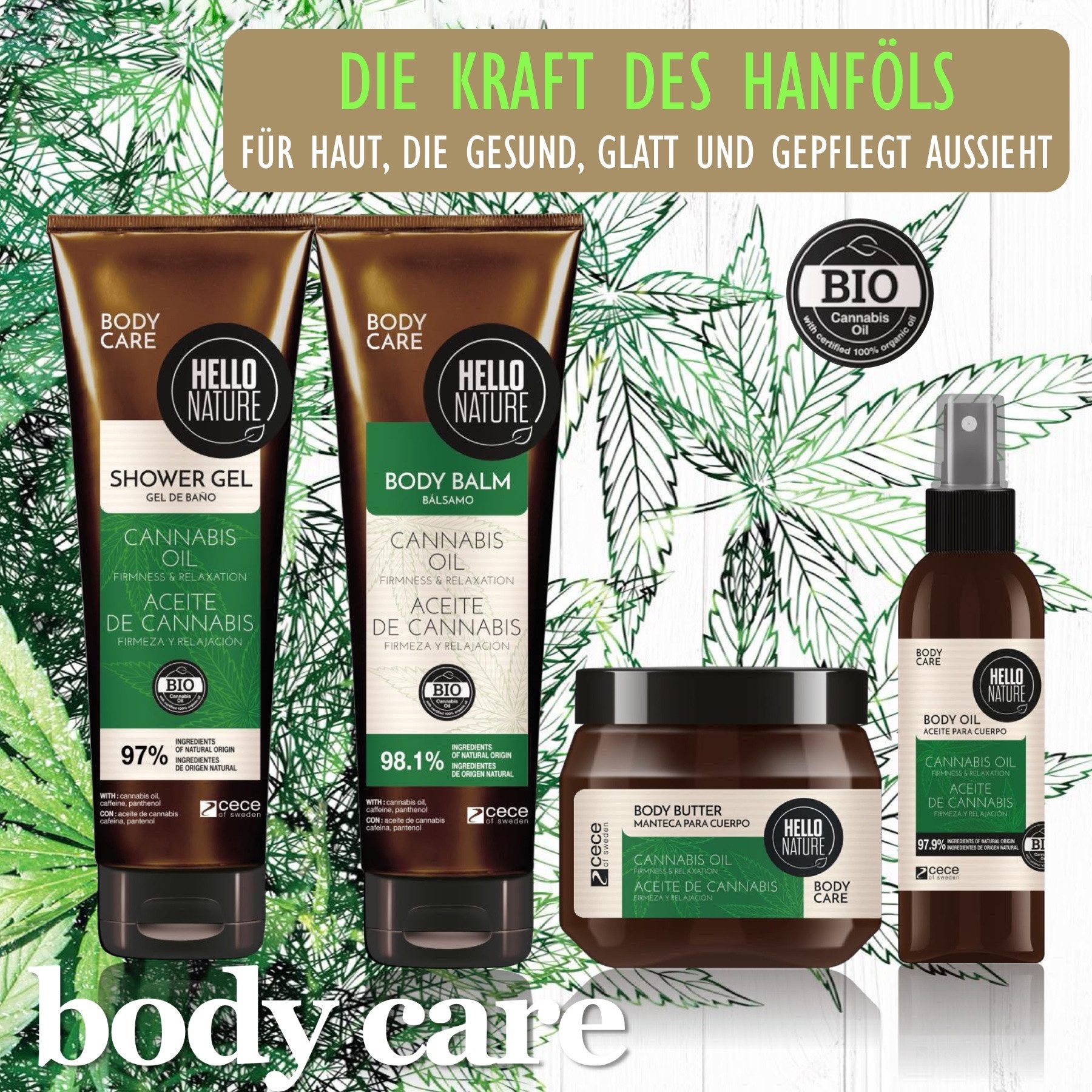 Hello Nature Pflege-Geschenkbox Pflege Haare Body Set Geschenkset Damen Beauty Cannabis, 12-tlg., Hautpflege, Haarpflege, Körperpflege, Cannabis, Hanföl, Geschenk box