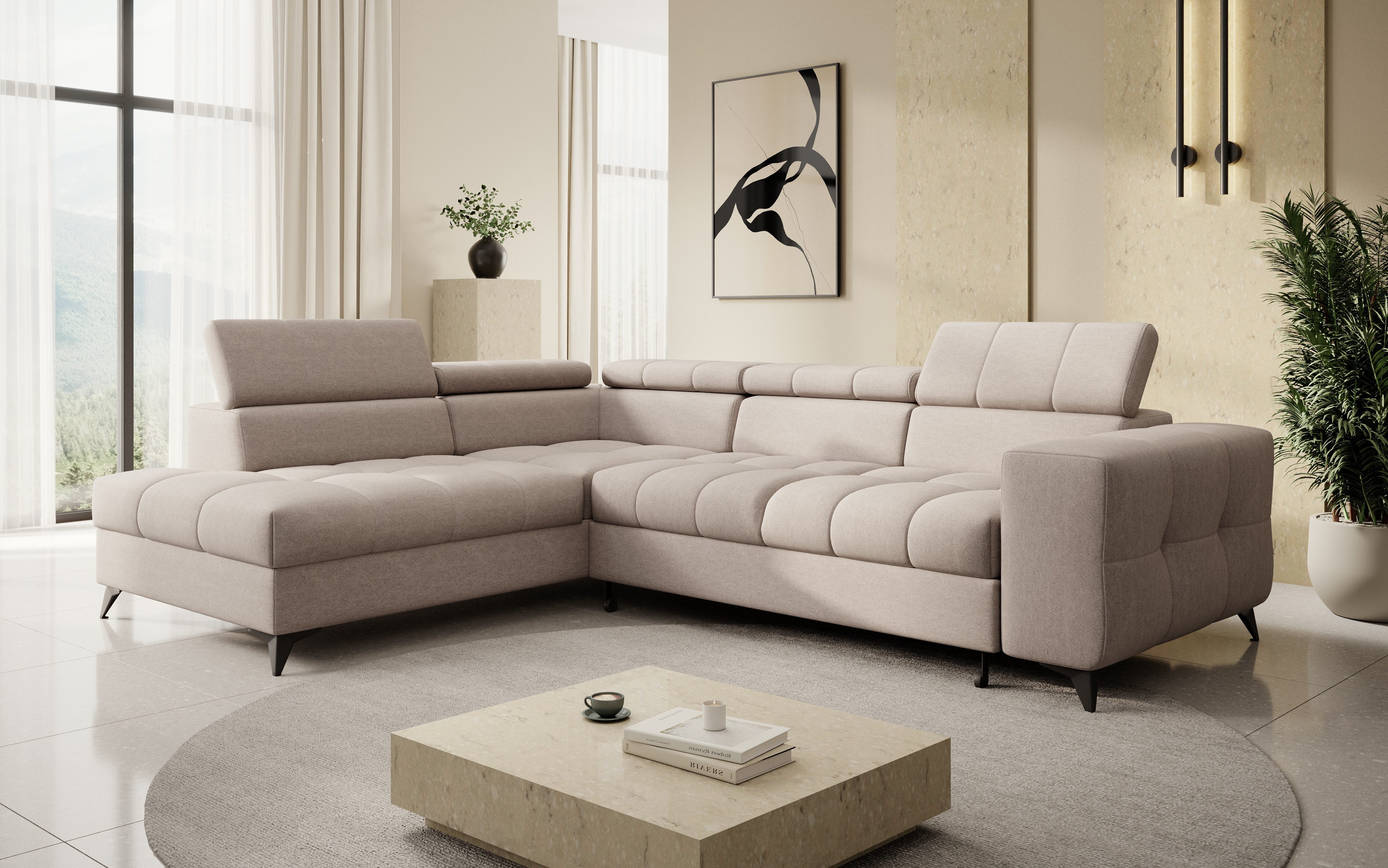 thematys Ecksofa SORANO mit Schlaffunktion & Bettkasten – L-Form, Bouclé und Velours, - mit verstellbaren Kopfstützen, – L-Form 270×203 cm – Schlafsofa mit Auszug, – L-Form 270×203 cm – Schlafsofa mit Auszug