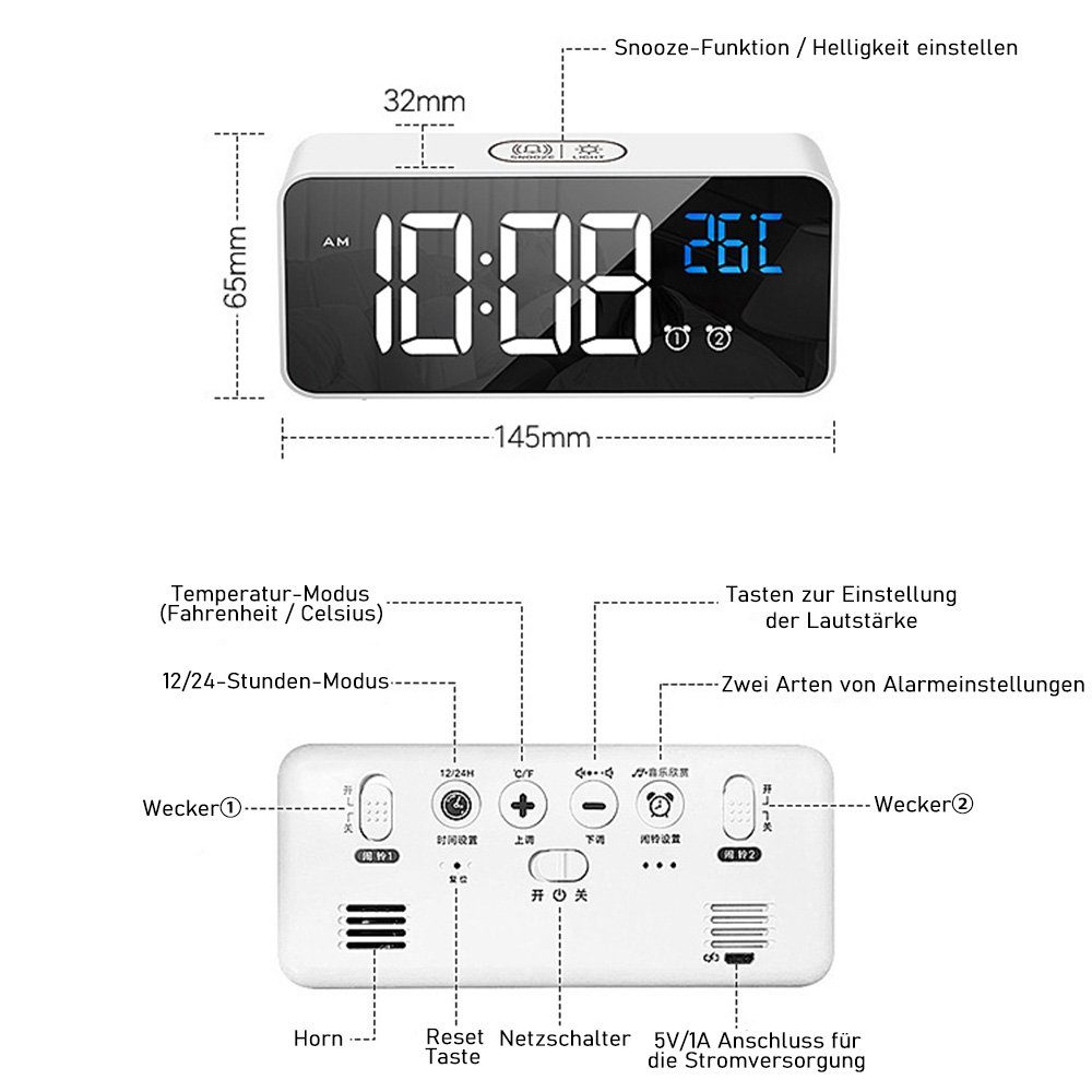 Desktop-Uhr Digital, Wecker Tragbare mit Wecker LED-Temperaturanzeige zggzerg Weiß Spiegel