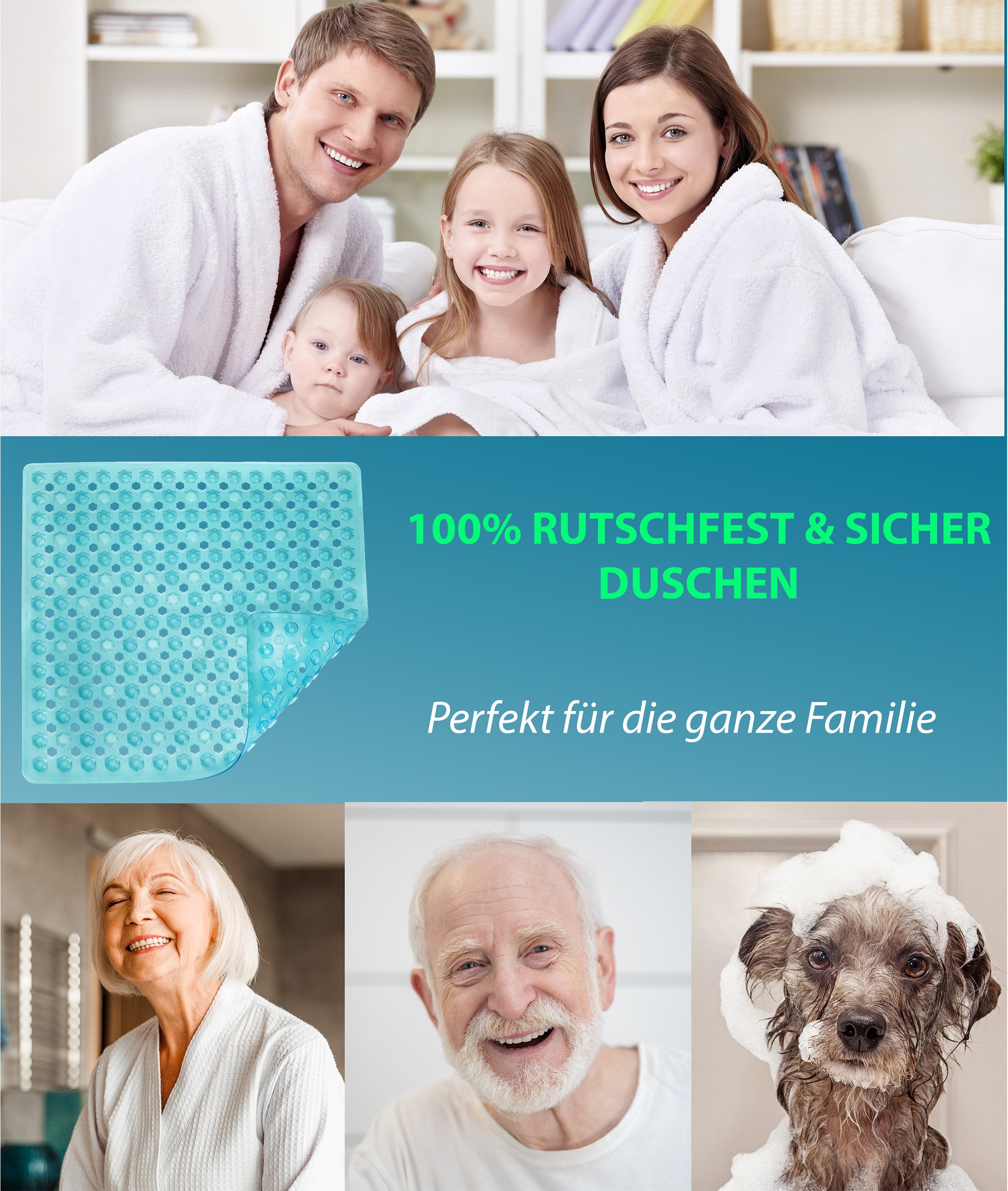 Blumbach Duschmatte - griffige Antirutschmatte Diamant 53 x 53 cm, - 100% BPA-frei, inkl. 2 Haken zum Aufhängen, Duscheinlage, schimmelressisten & maschinenwasc – Bild 5 von 5