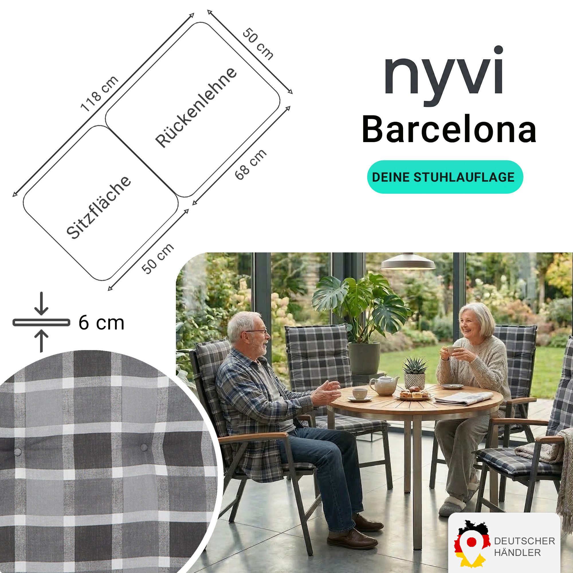 NYVI Hochlehnerauflage Hochlehner Auflagen 4er Set Barcelona - Gartenstuhlauflagen 118x50cm, (4 St), Stuhlauflage, Sitzauflage mit Halteband, UV-fest, Kariert Karo