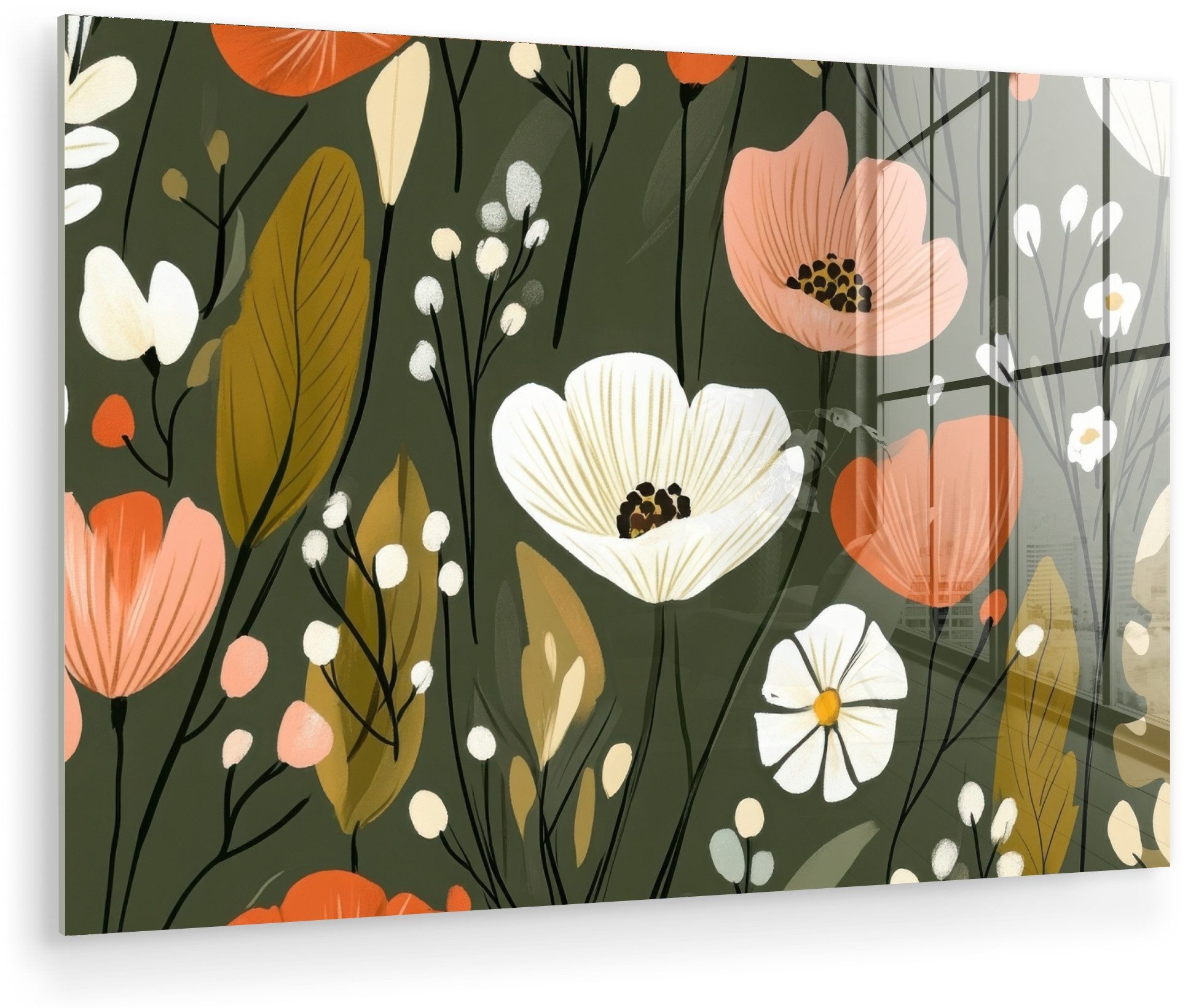 MuchoWow Acrylglasbild Blumen - Illustration - Grün, Inkl. Aufhängung, Glasbilder Wohnzimmer, Schlafzimmer, Flur & Esszimmer, 30x20 cm