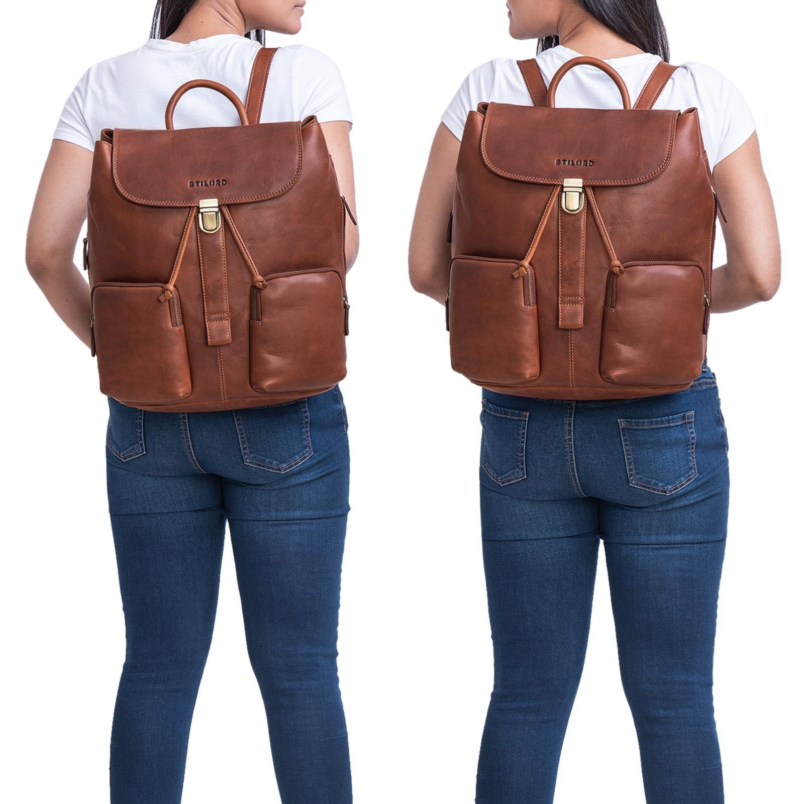 Notebook-Rucksack STILORD “Sidney” Leder Businessrucksack Damen cognac porto -