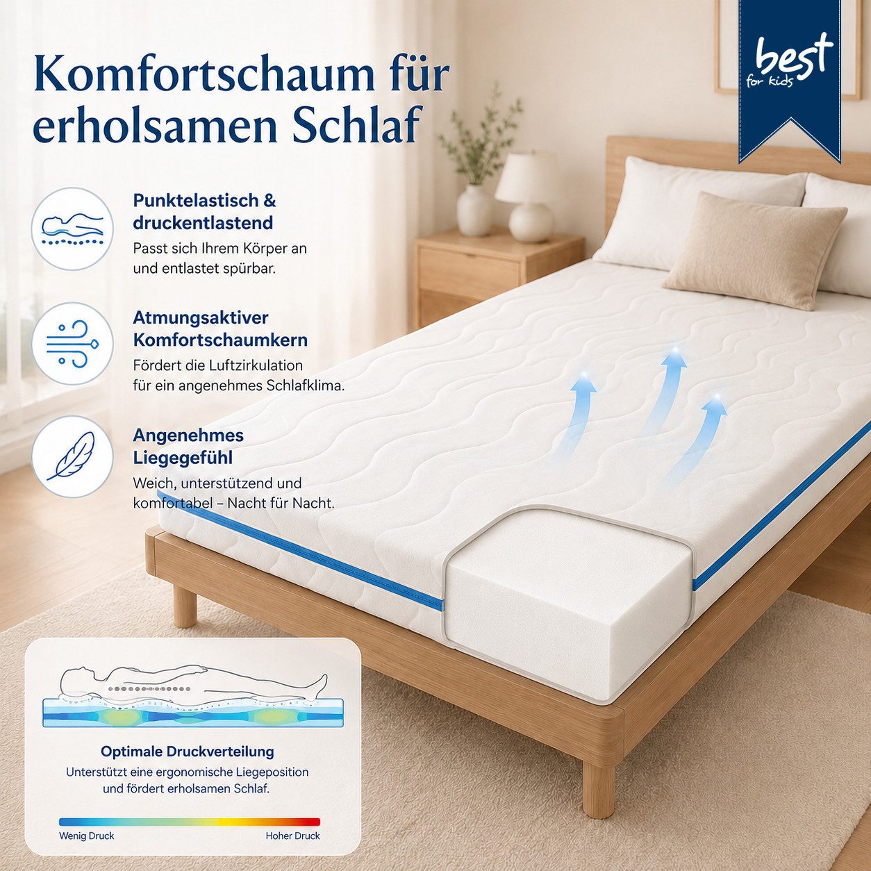Kindermatratze Easy Active Kaltschaummatratze 90x200 cm mit Bezug, Best for Home, 10 cm hoch, (Einzelartikel, 60x120 70x140 80x160 80x180 90x200 140x200 180x200 – Bild 2 von 5