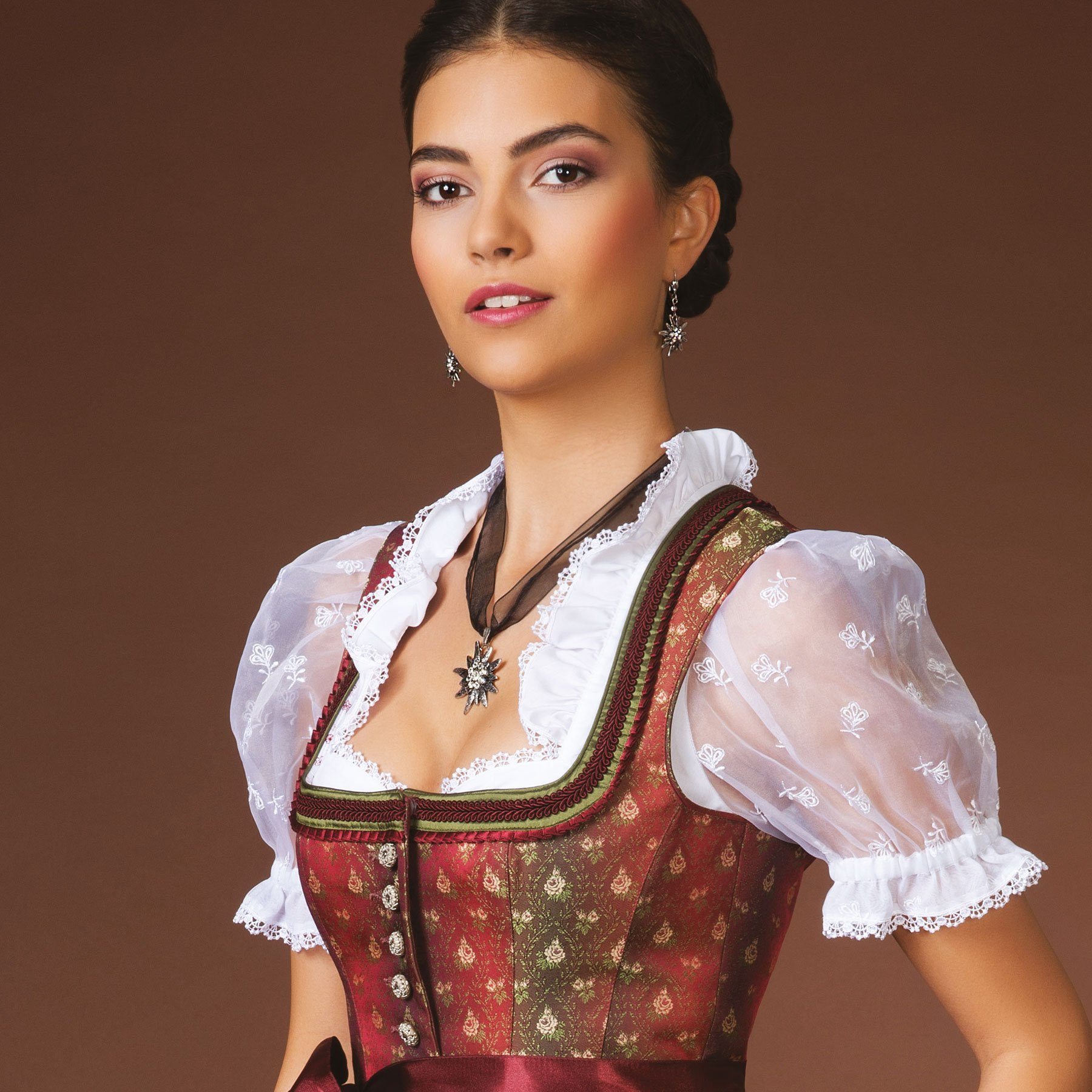 Alpenflüstern Ketten-Set Trachtenschmuck-Set Organza-Trachtenkette und Ohrhänger Strass-Edelweiß (schwarz), - Damen-Trachten-Schmuck, Trachtenset Dirndl-Kette und Trachten-Ohrringe
