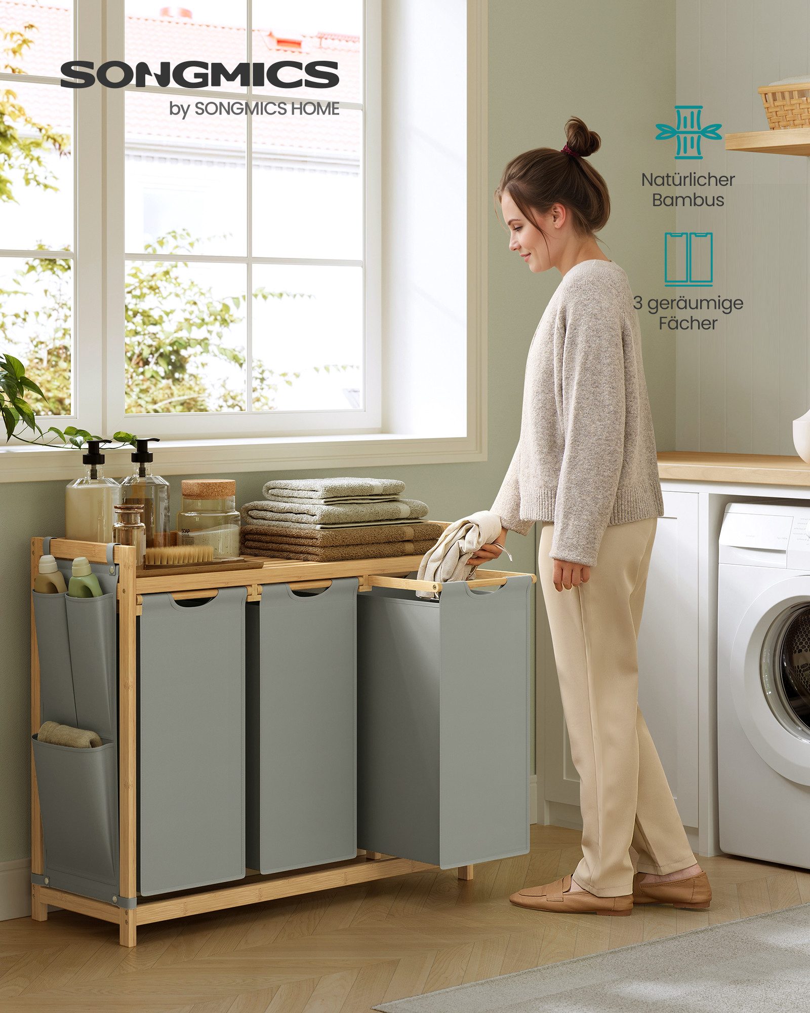 SONGMICS Wäschekorb, 2/3/4 Fächer, Bambus, Wäschesammler 100/150/200 L, Wäs günstig online kaufen