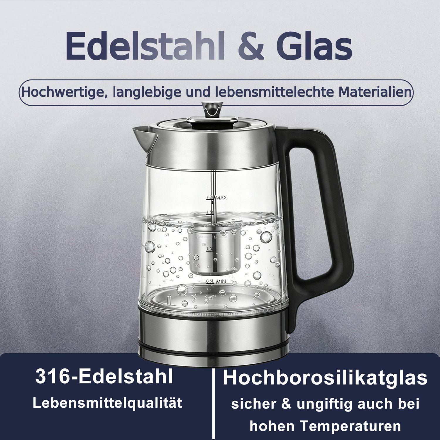 Forrlite Wasserkocher Wasserkocher aus Glas&Edelstahl, mit Temperatureinstellung und Teesieb, 3000 W, Temperaturwahl 0 °C- 100 °C, Warmhaltefunktion, LED‑Farbring,BPA‑frei