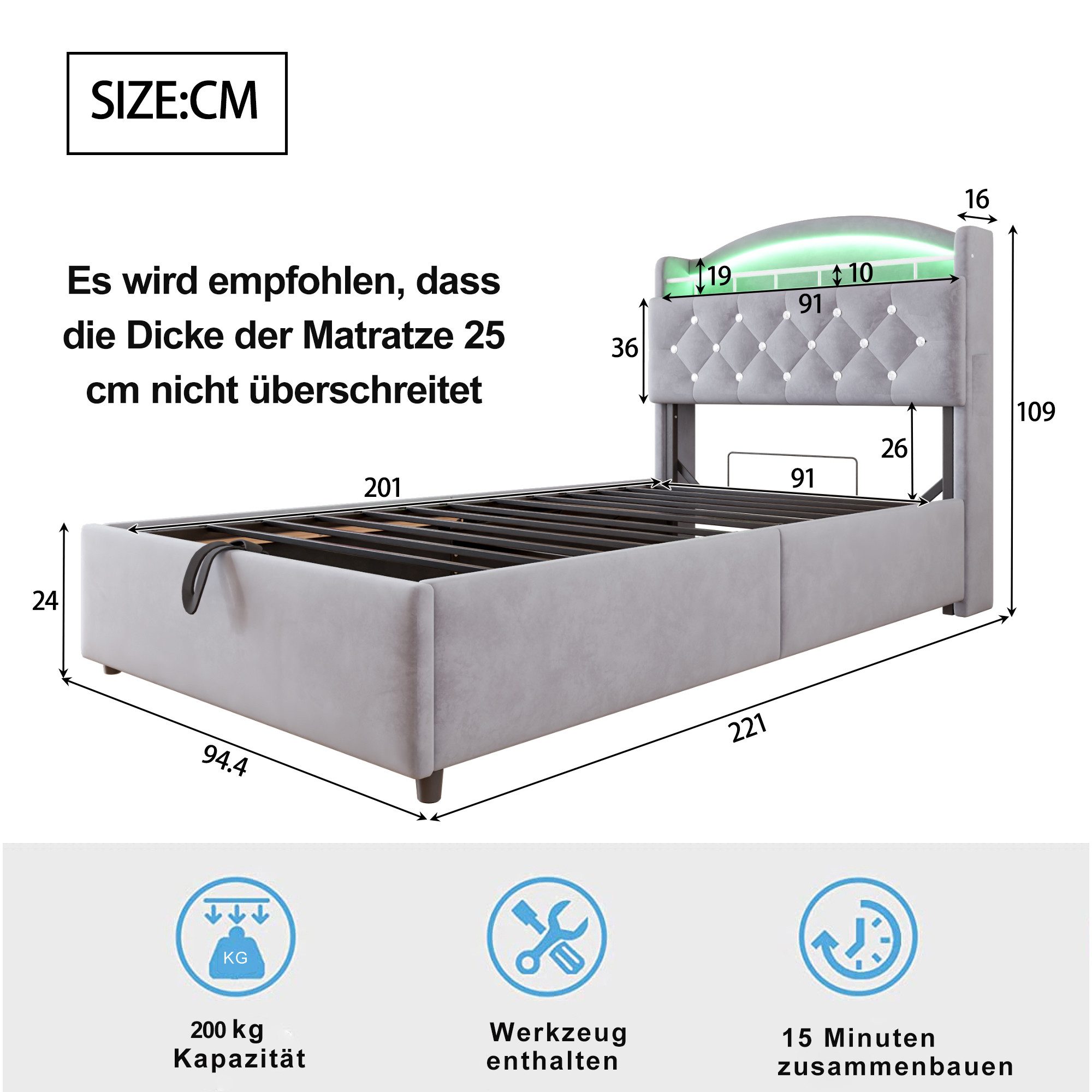 Odikalo Stauraumbett Polsterbett Einzelbett Bettgestell Kopfteil USB Stauraum 90x200 Grau – Bild 5 von 5