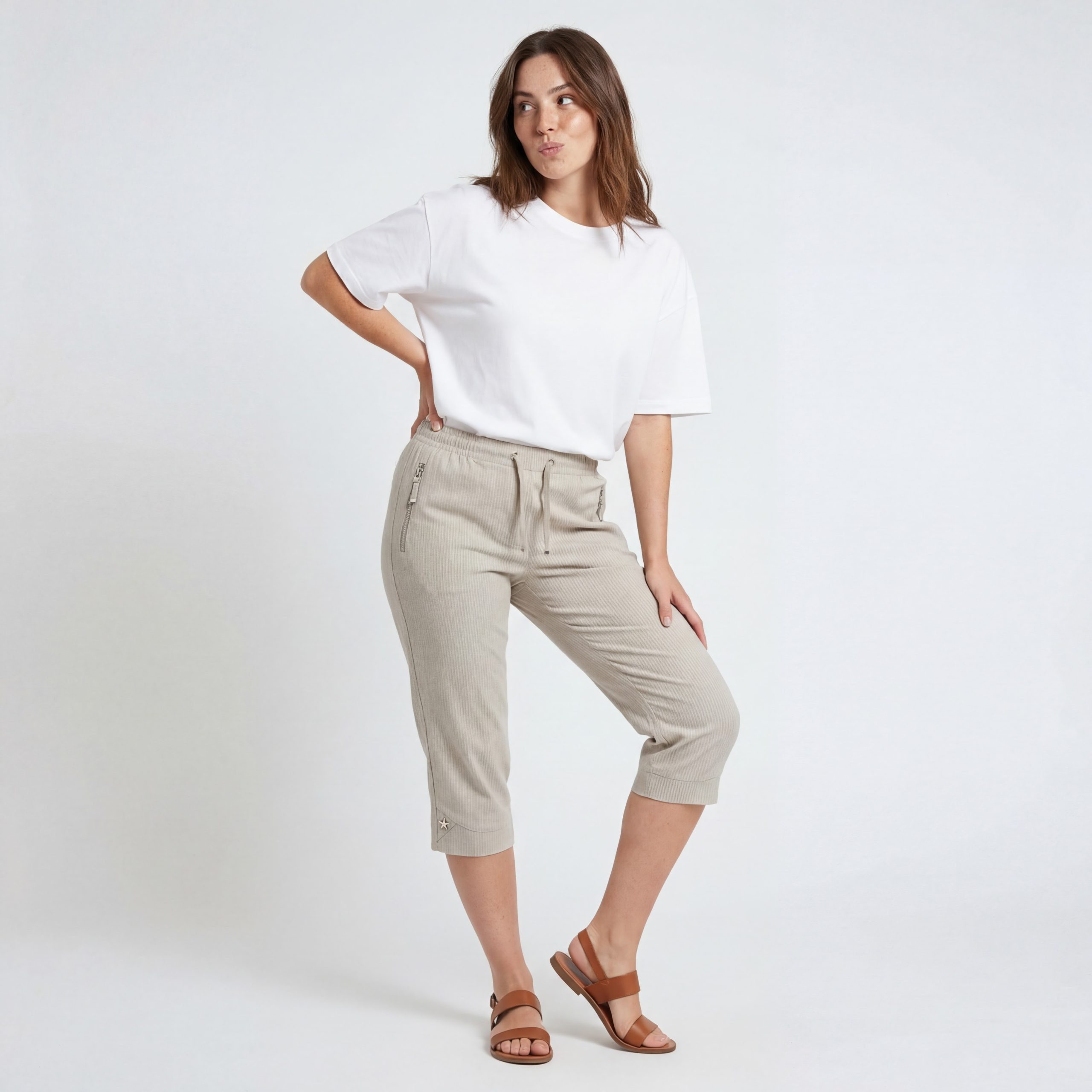 OriginalYou Caprihose Damen Sommerhose Nadelstreifen 7/8 Freizeithose mit Gummibund mit elastischem Bund, Einzelgrößen von 36 bis 50