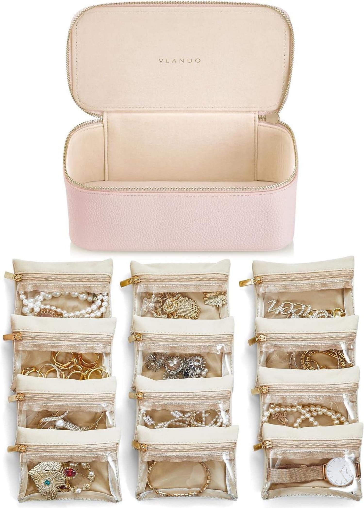 Schmuckset Reise Schmuckkasten mit 12 Schmuckbeuteln Leder Transparent Samt