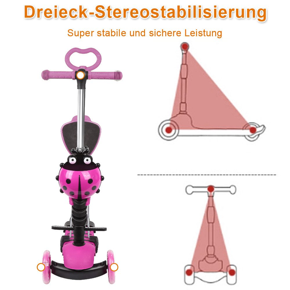 JEOBEST Scooter 3-in-1 Kinderroller mit Rückenlehne & Abnehmbarem Sitz, Höhenverstellbarer 3-Rad-Tretroller ab 2 Jahre – Bild 4 von 5