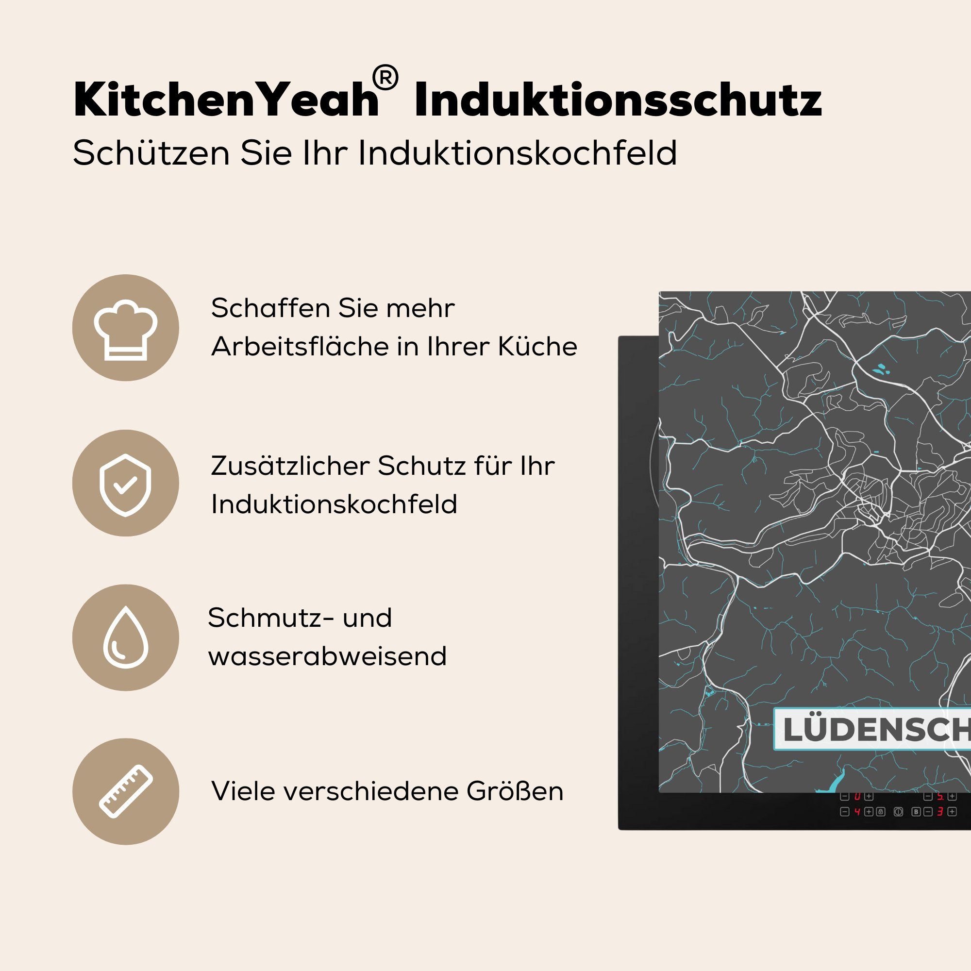 für Arbeitsplatte Vinyl, Ceranfeldabdeckung, Deutschland, MuchoWow - (1 Blau Karte cm, tlg), 78x78 Stadtplan - küche - Lüdenscheid Herdblende-/Abdeckplatte -