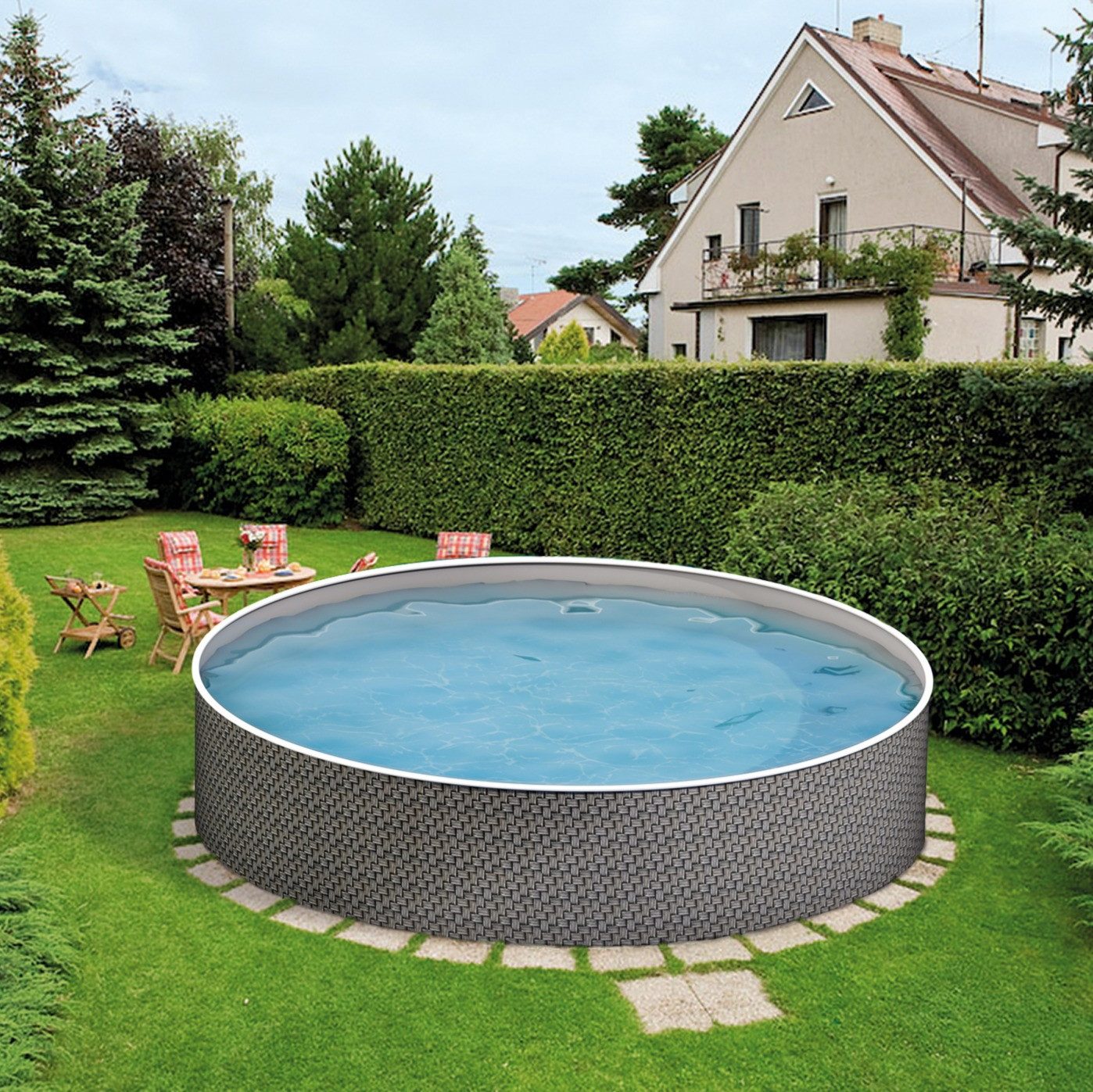 Poolomio Pool Azuro Deluxe Stahlwandpool Rattan Design Rund Ø 460 x