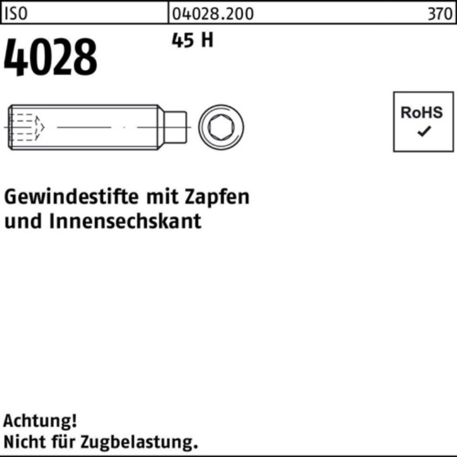 Gewindestift St Reyher 45 1000 M6x 4028 H 10 Zapfen/Innen-6kt 1000er Pack ISO Gewindebolzen