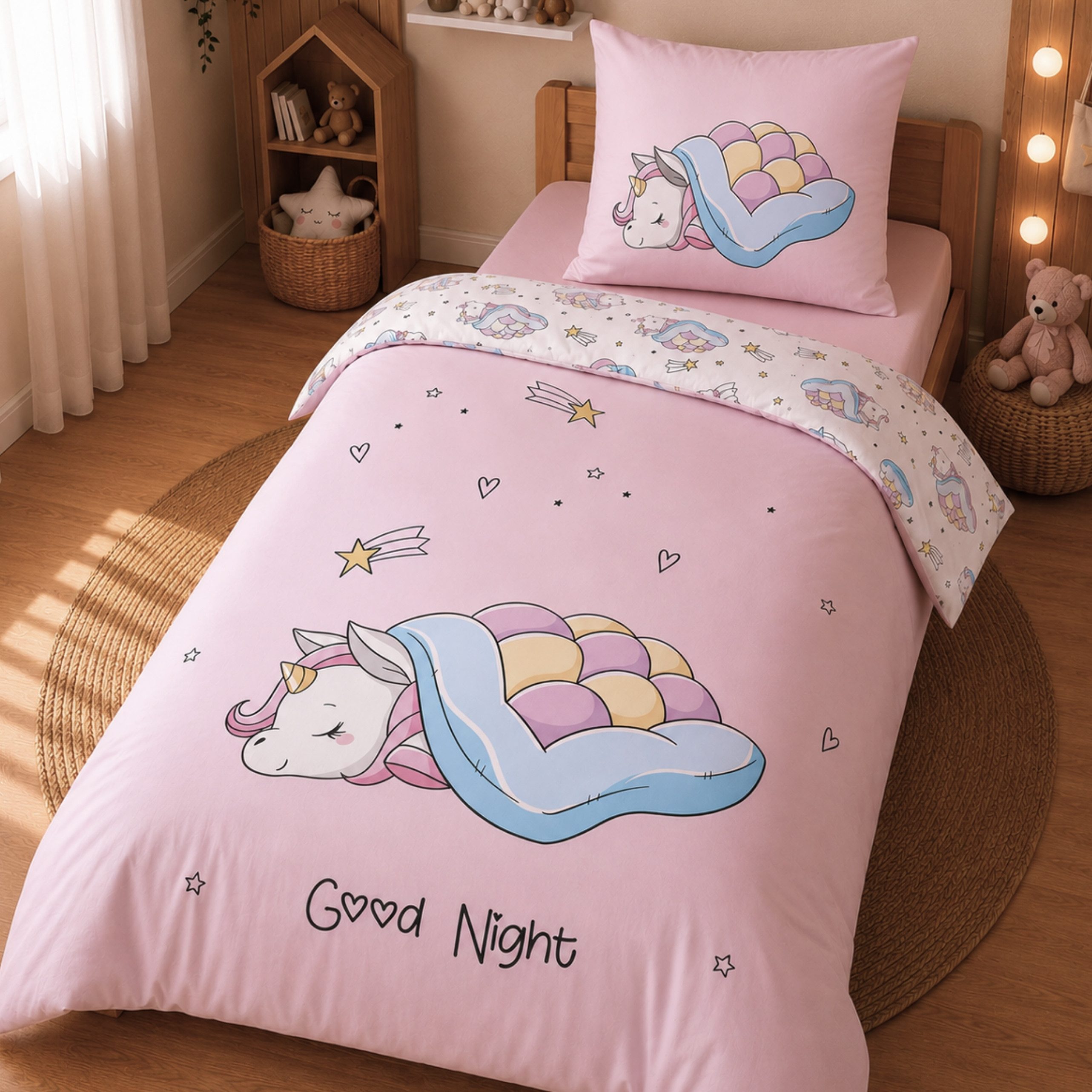MTOnlinehandel Kinderbettwäsche Einhorn 135x200 + 80x80 cm, 100 % Baumwolle, Renforcé, 2 teilig, hautfreundlich mit Reißverschluss, Mädchen-Bettwäsche, Teenager – Bild 4 von 4