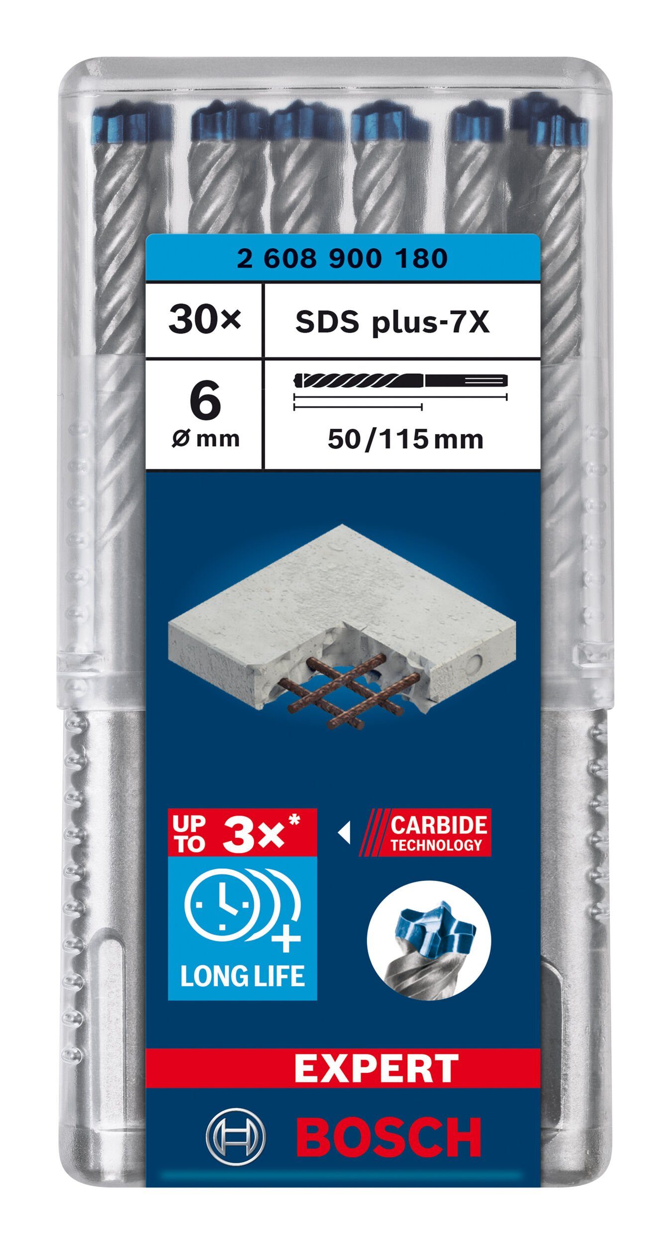 BOSCH Universalbohrer Expert SDS (30 x - mm x 115 Stück), 6 30er-Pack plus-7X, Hammerbohrer 50 