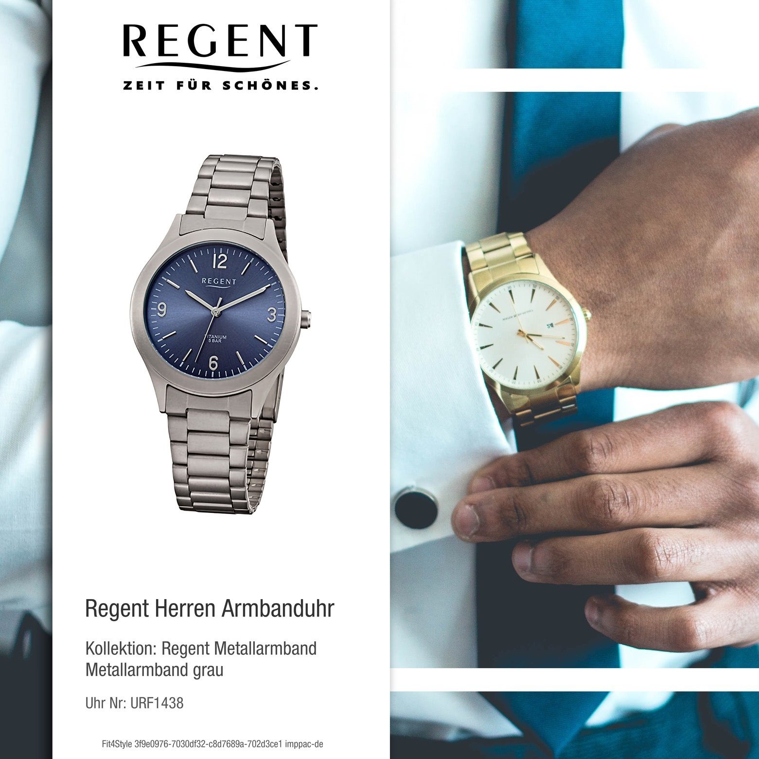 Armbanduhr 37mm), Regent Armbanduhr Metallarmband Quarzuhr Regent Herren groß Analog, Herren extra rund, (ca.