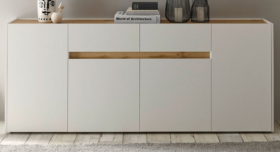 Furn.Design Sideboard Center (Anrichte in weiß mit Wotan Eiche, 220 x 87 cm),  4-türig, 2 Schubladen