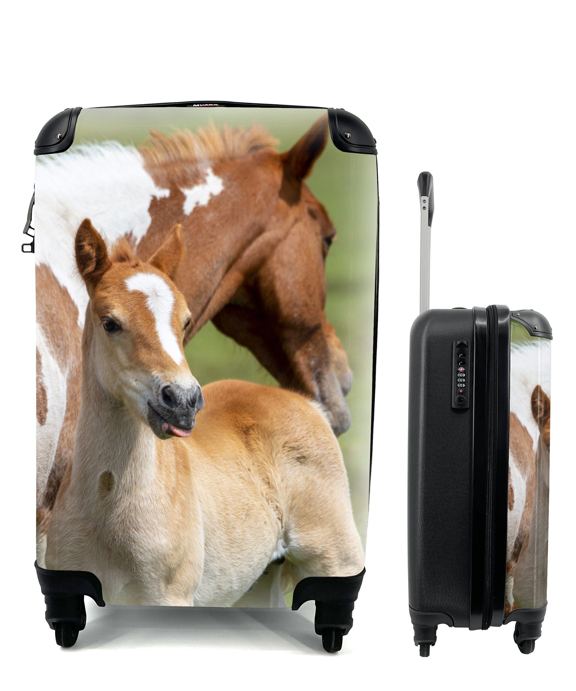 MuchoWow Handgepäckkoffer Pferde Rollen, Handgepäck Trolley, mit Reisekoffer - - für rollen, Gras, Reisetasche 4 Fohlen Ferien