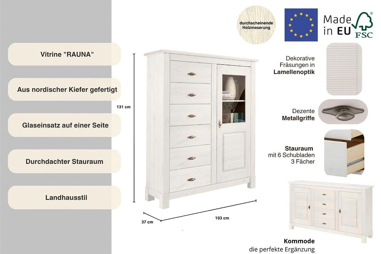 OTTO home Highboard Rauna, Vitrine, Breite 103 cm, FSC®-zertifiziertes Massivholz
