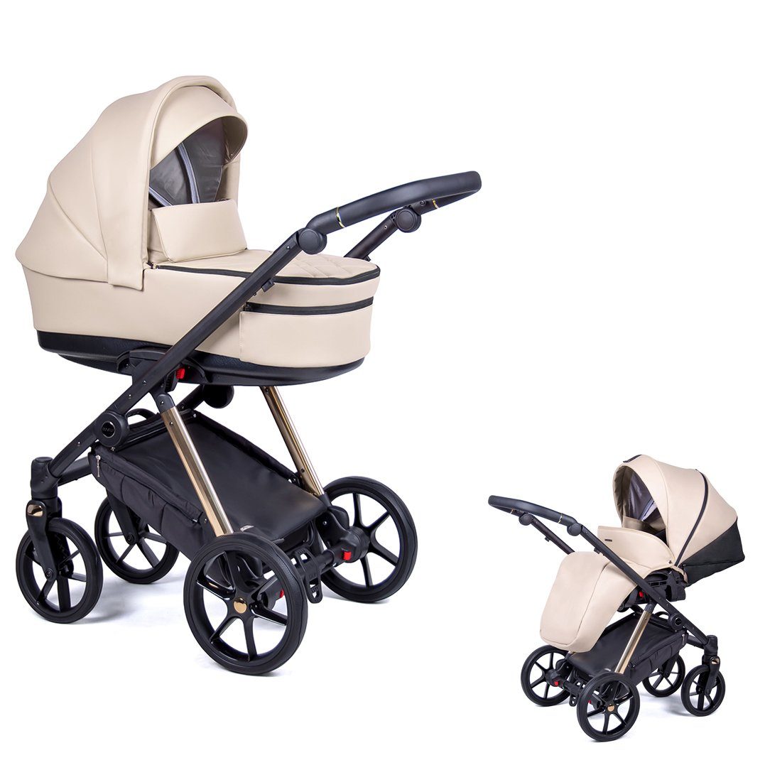 babies-on-wheels Kombi-Kinderwagen 2 in 1 Kinderwagen-Set Axxis Premium - 14 Teile - in 12 Designs Creme = Gestell gold | Kombikinderwagen