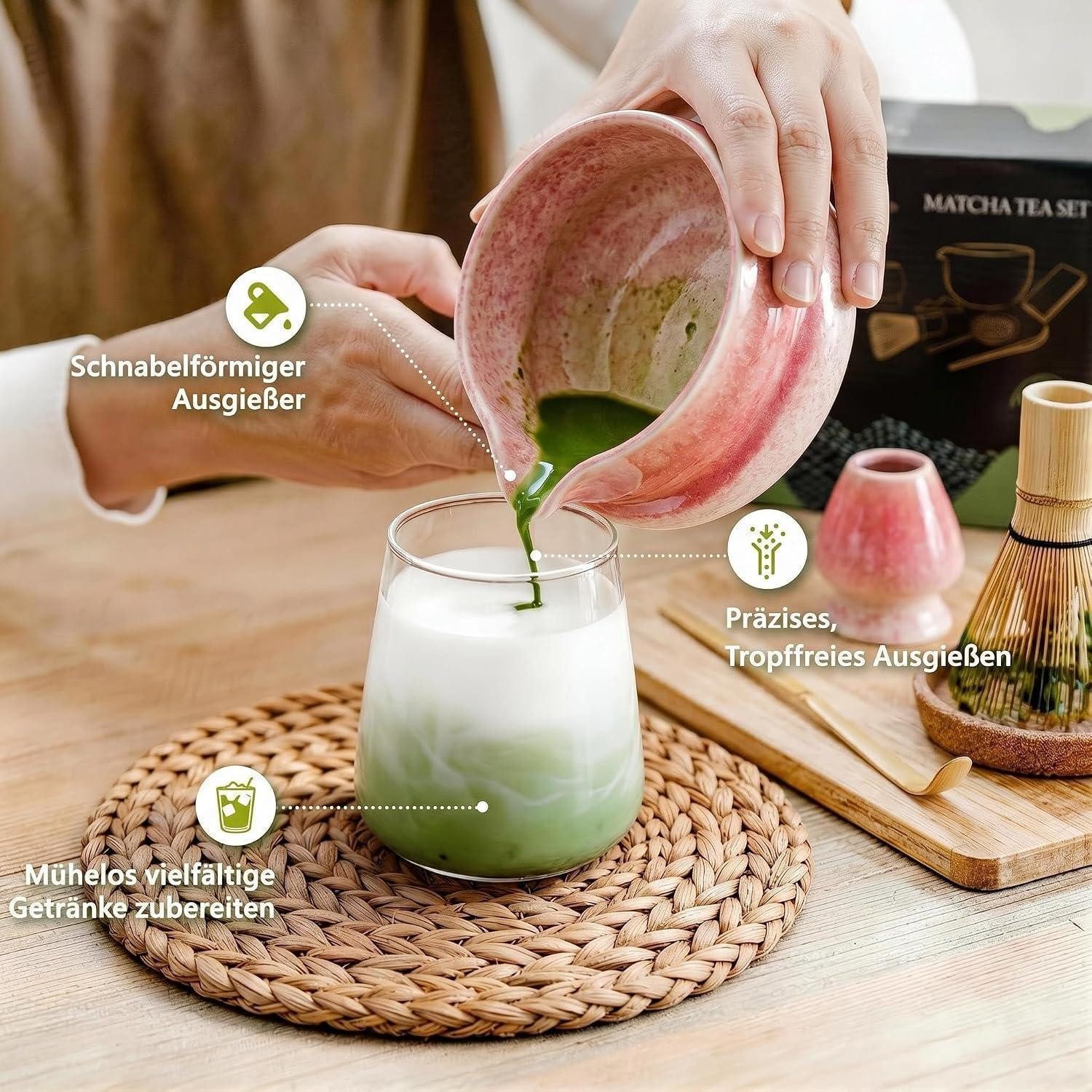 LuxusKollektion Teeschale Matcha Set 8-teilig Keramikschale Bambusbesen Rosa, Keramik – Bild 4 von 5