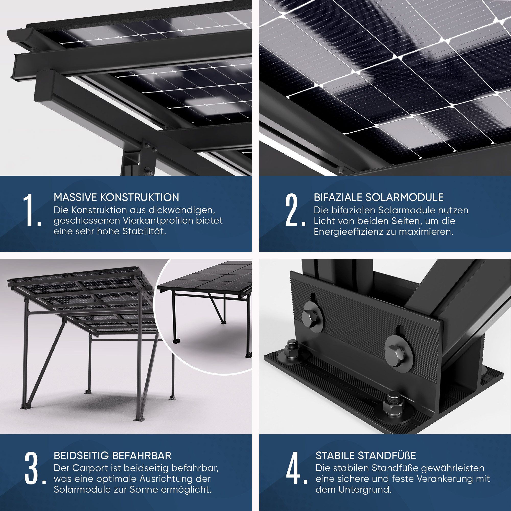 VESKA Solarmodul Solar Carport Glas/Glas PV Garage, 5250,00 W, Monokristallin, (Aluminium Solarcarport 5,60 x 3,70m - 5,25KW - EcoPort 5000Bi) – Bild 3 von 5