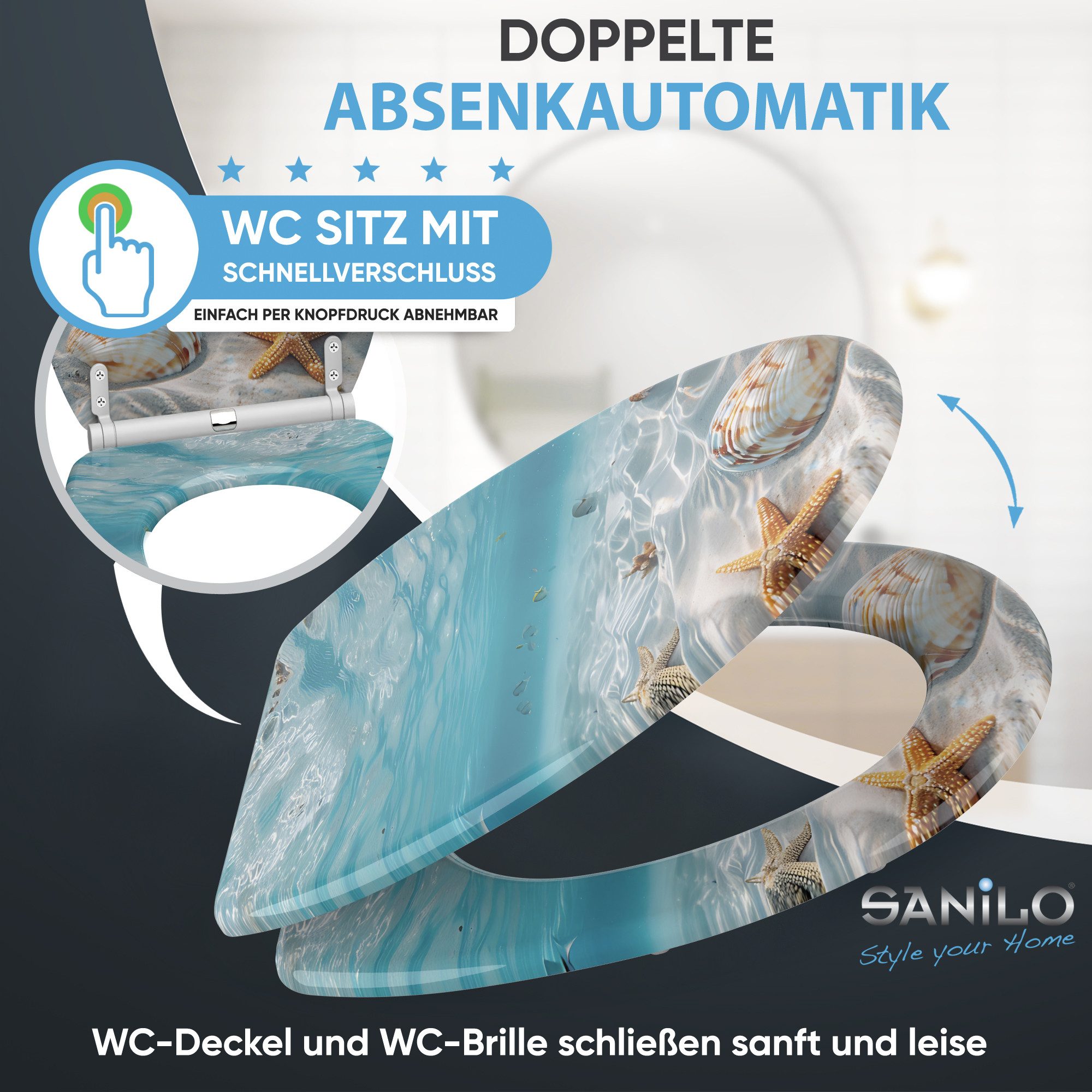 Sanilo WC-Sitz Waterworld mit Absenkautomatik & Quick Release, hochwertig, abnehmbar, leichte Montage von oben, mit Schraubenzieher