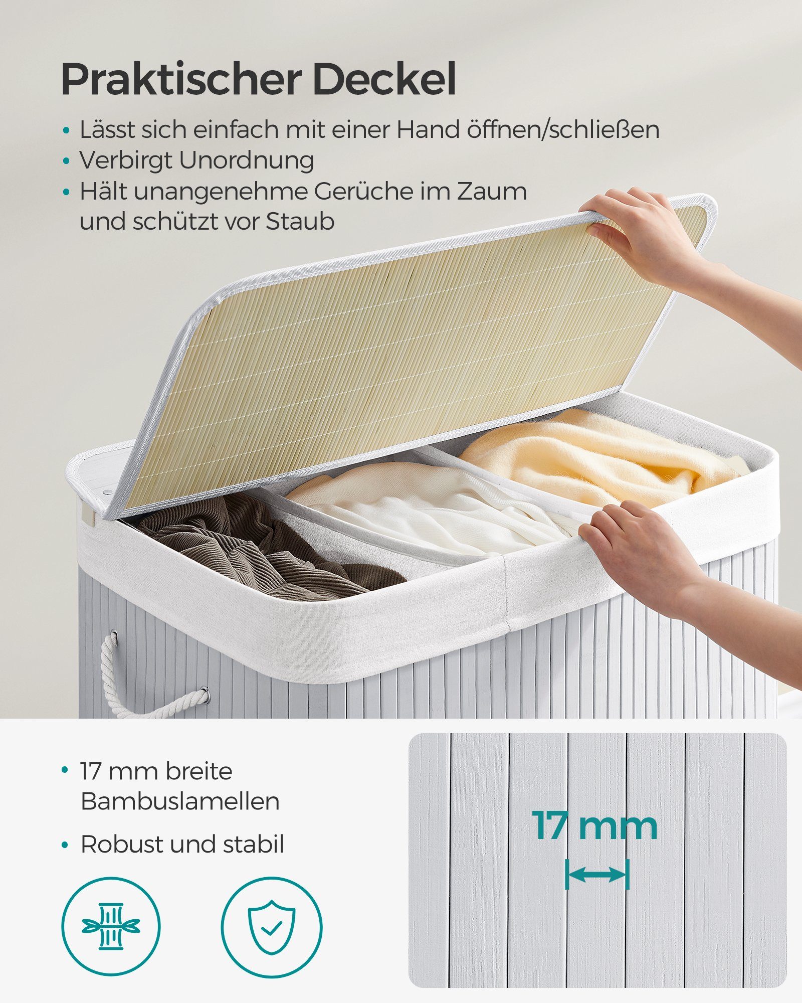 SONGMICS Wäschekorb 3 Fächer, 150 L Wäschesammler mit Deckel, Wäschebox Bambus, faltbar, Wäschesack herausnehmbar maschinenwaschbar, Waschküche