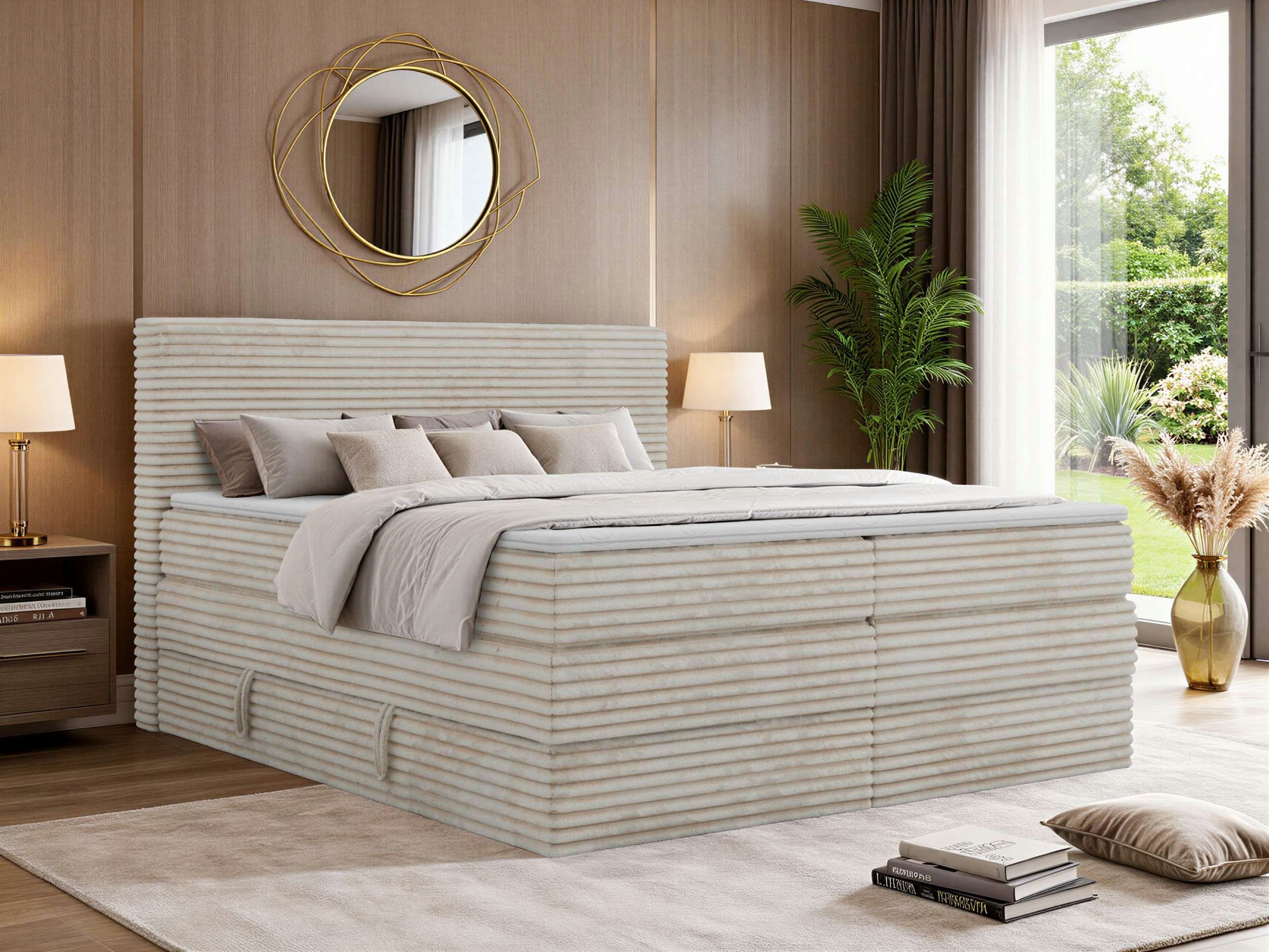 MKS MÖBEL Boxspringbett TILION KING (mit Stauraum, Set, inkl. 2 Matratzen und Topper (T25/Visco), Multipocket, Cord-Bezug, H3/H4, 140x200–200x200